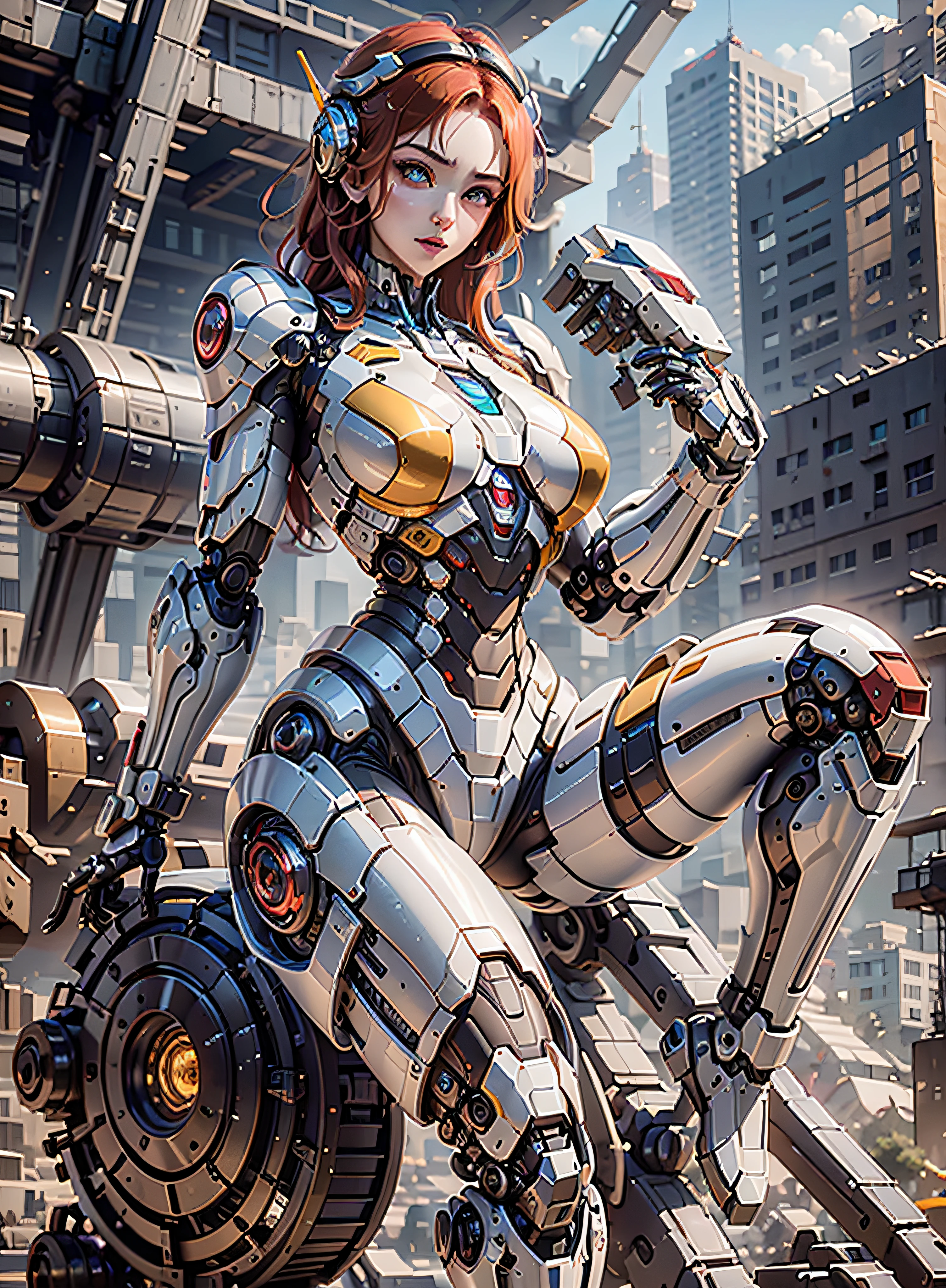RAW, masterpiece, ultra thin photo, best quality, ultra high resolution, photorealistic 8K, sunlight, full body portrait, incredibly beautiful, dynamic poses, sexy, delicate face, vibrant eyes, (red hair), she is using a futuristic Iron Man engine, red and yellow gold color scheme, highly detailed robot factory background, detailed face, detailed and complex busy background, messy, gorgeous, milky white, highly detailed skin, realistic skin details, visible pores, sharp focus, volumetric mist, 8k uhd, dslr camera, high quality, film grain, fair skin, photorealism, lomography, expanding metropolis in futuristic dystopia, view from below, translucent, cables connected to robots,