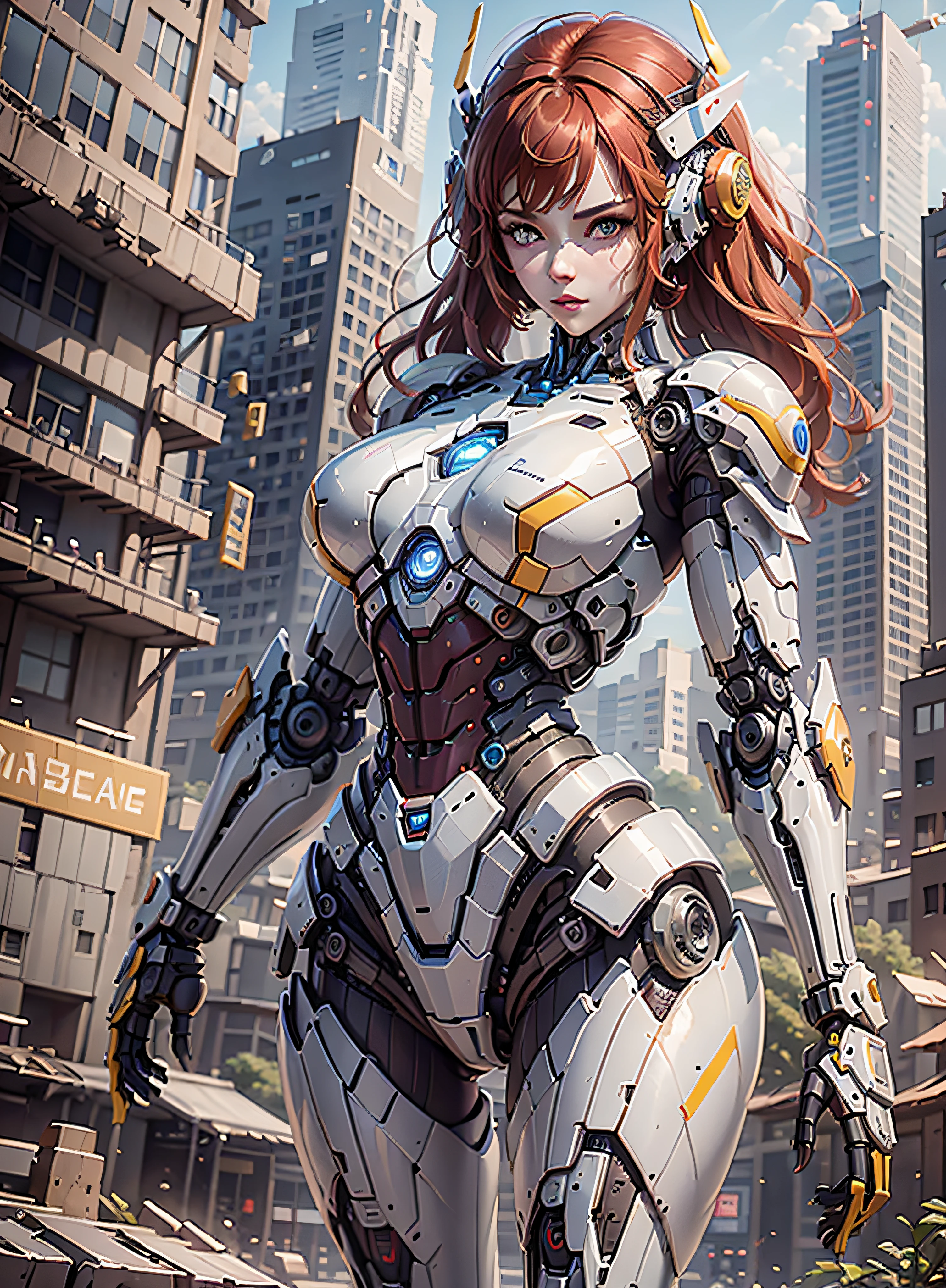 RAW, masterpiece, ultra thin photo, best quality, ultra high resolution, photorealistic 8K, sunlight, full body portrait, incredibly beautiful, dynamic poses, sexy, delicate face, vibrant eyes, (red hair), she is using a futuristic Iron Man engine, red and yellow gold color scheme, highly detailed robot factory background, detailed face, detailed and complex busy background,  messy, gorgeous, milky white, highly detailed skin, realistic skin details, visible pores, sharp focus, volumetric mist, 8k uhd, dslr camera, high quality, film grain, fair skin, photorealism, lomography, expanding metropolis in futuristic dystopia, view from below, translucent, cables connected to robots,