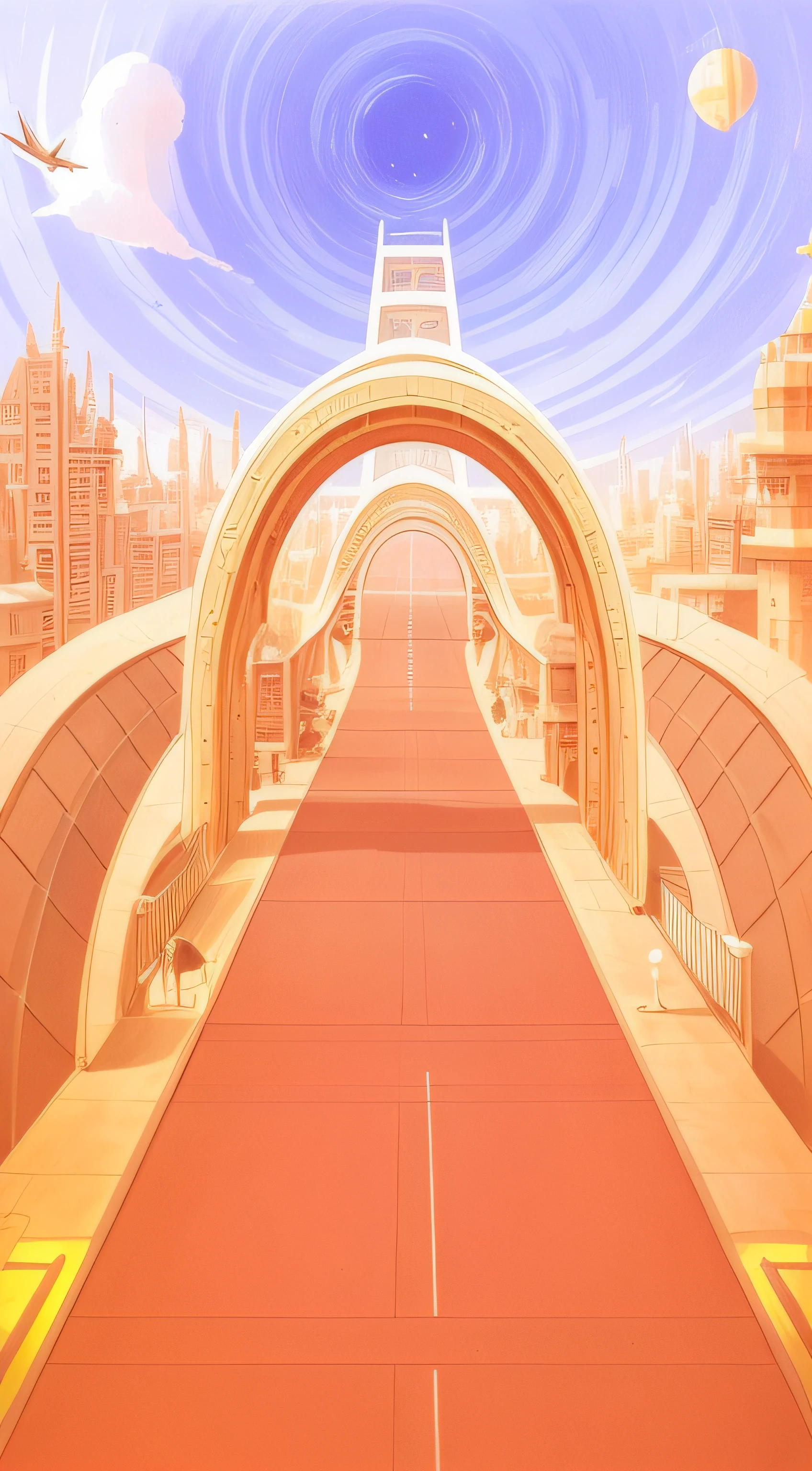 there is a picture of a futuristic city with a giant wheel, futuristic street, gateway to futurisma, futuristic city street, futuristic city backdrop, retrofuturist liminal space, retro futurist, retro-futurism, retro - futurism, retrofuturistic digital painting, sky bridge, retro futuristic illustration, background art, futuristic utopian city, futuristic landscape, retro futurist style