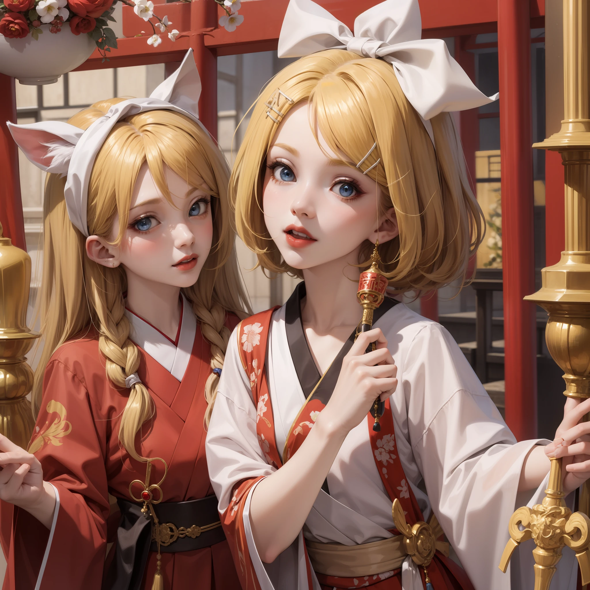 Kagamine rin, shrine, miko, priestess ((traditional of Japan)), blue eyes, blond hair, red lips, beautiful girl, 1girl, holding ceremonial staff