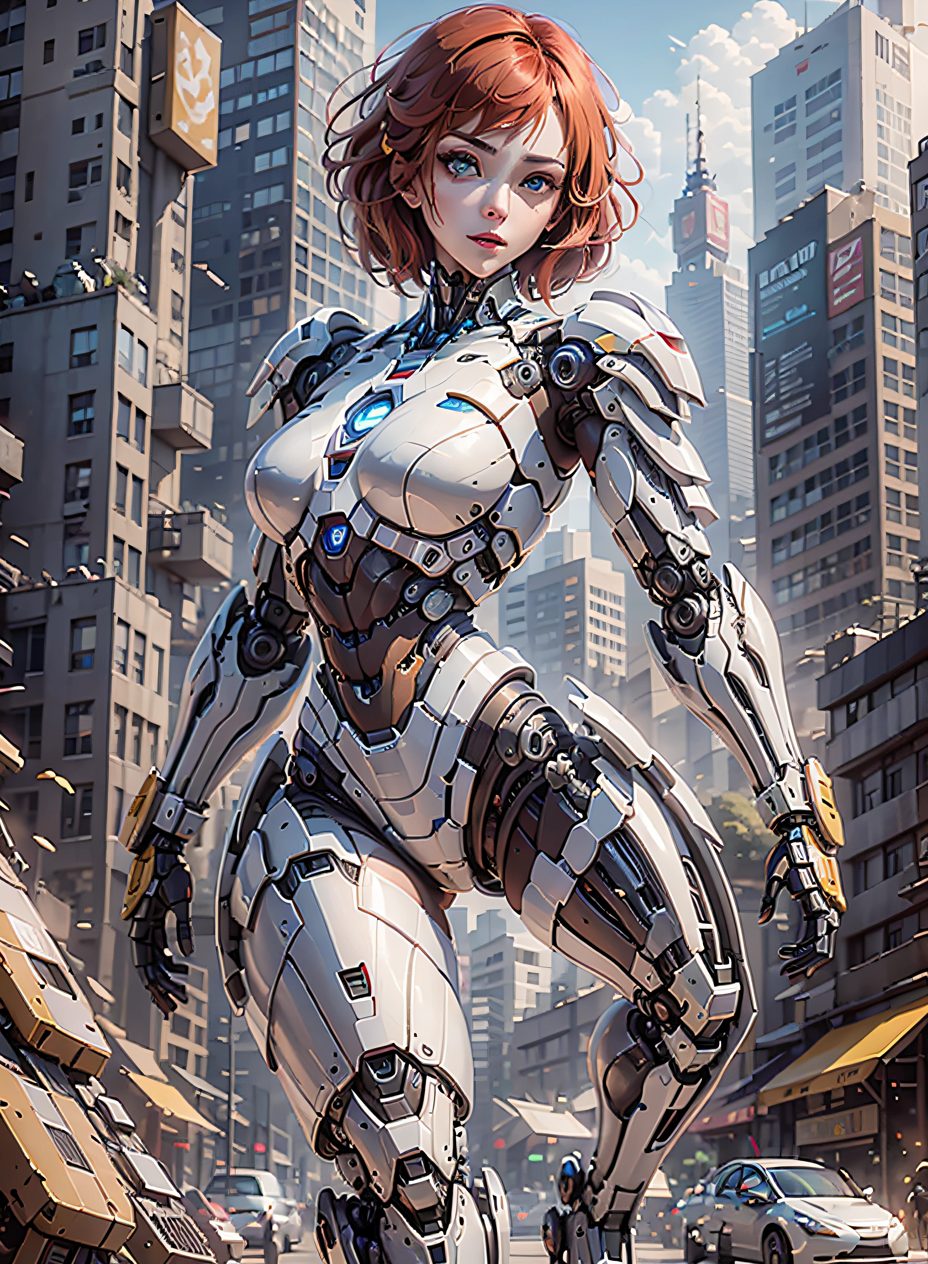 RAW, masterpiece, ultra thin photo, best quality, ultra high resolution, photorealistic 8K, sunlight, full body portrait, incredibly beautiful, dynamic poses, sexy, delicate face, vibrant eyes, (red hair), she is using a futuristic Iron Man engine, red and yellow gold color scheme, highly detailed robot factory background, detailed face, detailed and complex busy background,  messy, gorgeous, milky white, highly detailed skin, realistic skin details, visible pores, sharp focus, volumetric mist, 8k uhd, dslr camera, high quality, film grain, fair skin, photorealism, lomography, expanding metropolis in futuristic dystopia, view from below, translucent, cables connected to robots,