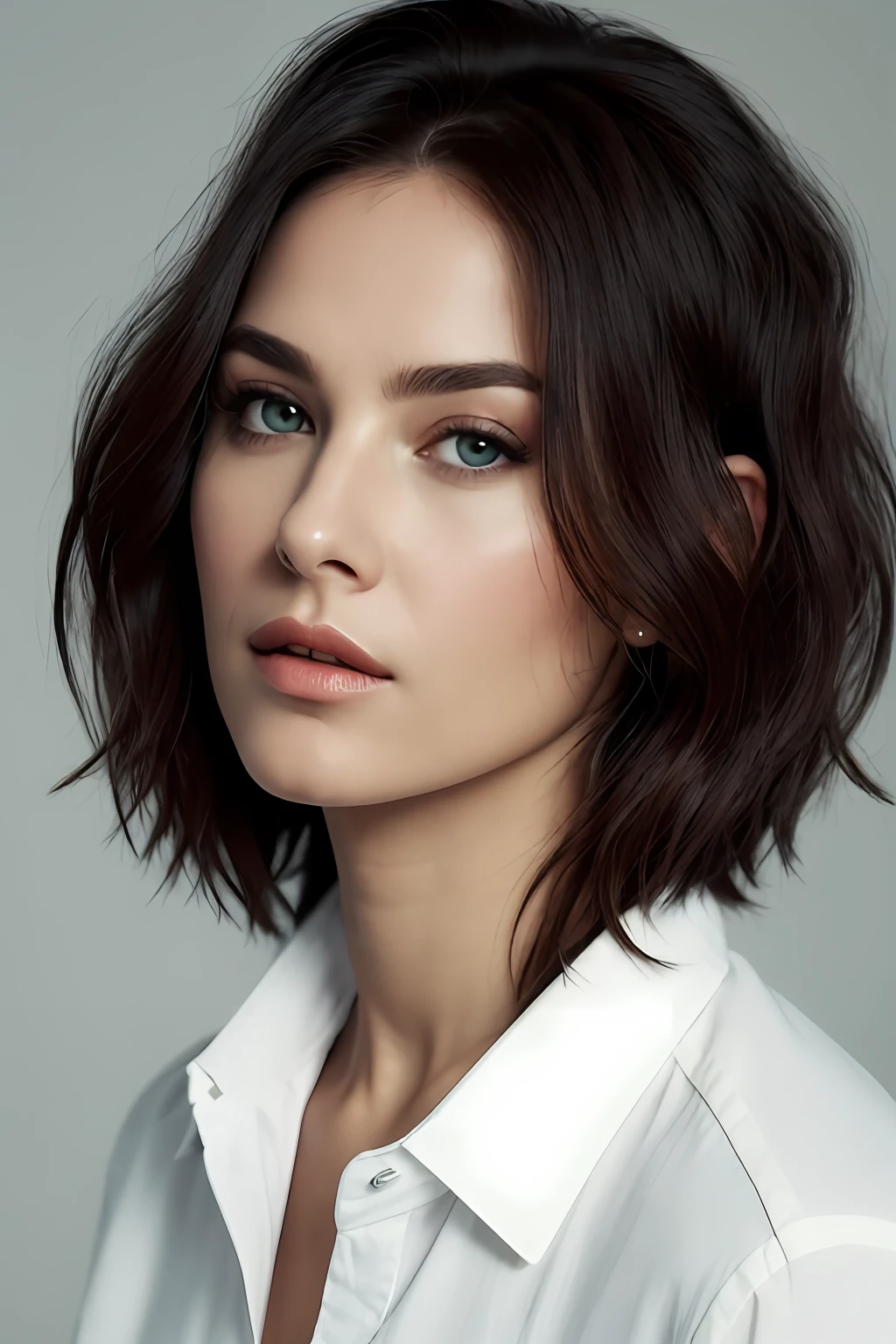 Please recreate with hair with a little misaligned bangs, thicker lips, older woman