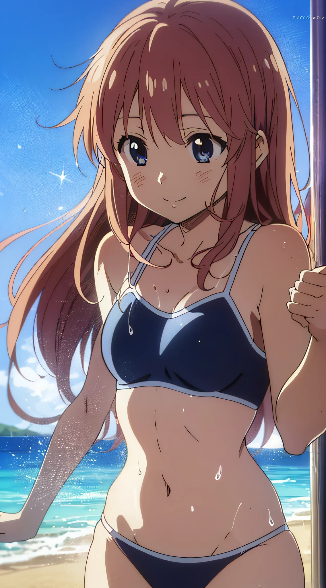 (Anime, Anime Art Style:1.2) Yuyushiki, Young Girl, 13 years old, Drenched in sweat, Smile, Swimsuit, Seaside, Sun, (looking away:1.5),Blue sky,Various movements,Various angles