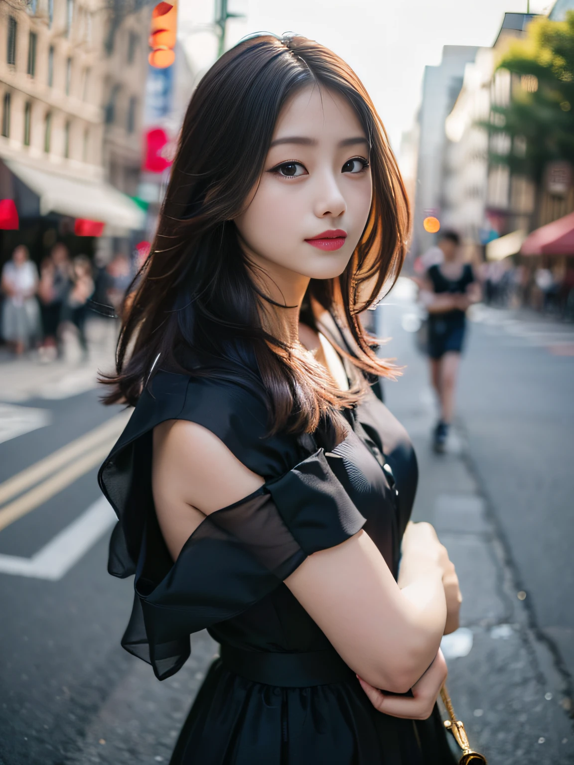 Woman posing seductive on street corner, top quality, high resolution, 8k, girl alone, outdoor, (street: 0.8), (people, crowd: 1), sleeveless dress, black dress: 1.5), gorgeous, (medium hair), (dynamic pose: 0.8), (upper body: 1.2), soft lighting, wind, glossy skin, gaze,