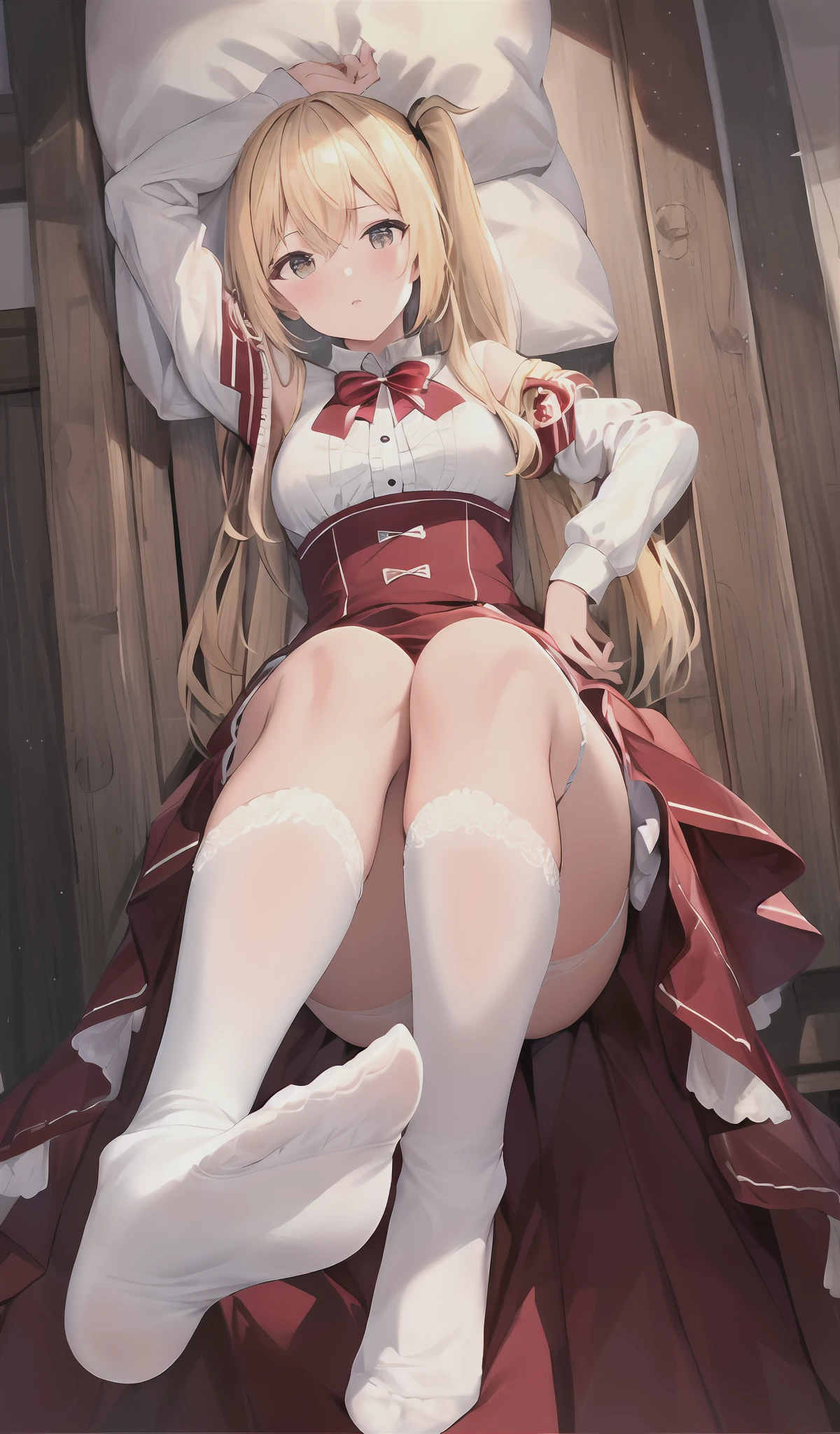 Masterpiece, best quality, 1 girl, blonde, long hair, side ponytail, red skirt, white socks, lace socks, white stockings, white over-the-knee socks