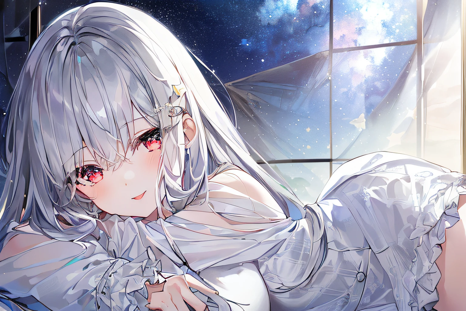 1girl, full body, denim photo, (Rembrandt), illustration, (masterpiece), (best quality), (ultra_detailed), finely detail, (Depth of field), , glove, long hair, star\ (symbol\), looking at viewer, (silver hair:1.2), red eyes, upper body, hair ornament, :p, frills, pink shirt, smile, sleeveless, shirt, idol, symbol-shaped pupils, hands up, brags smile, sleeveless, shirt, idol, symbol-shaped pupil, bangs, side up, star-shaped pupils, arms up, skirt pulling, roaring twenties, isometric, From above, the sky, the flowers, the cliffs,