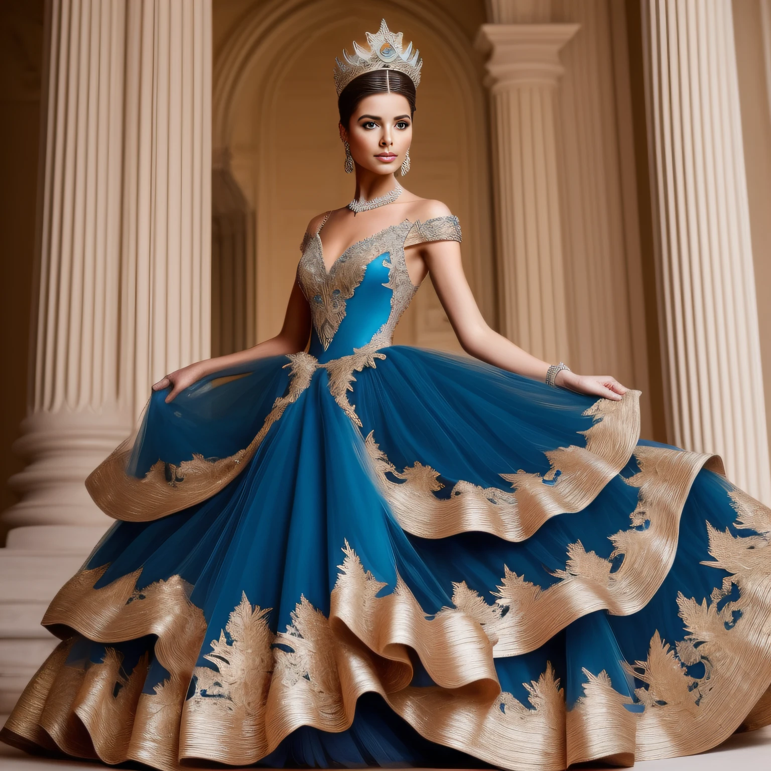 beautiful hispanic woman in a blue and gold haute couture dress with no sleeves and tulle skirt with ruffles walking on the runway , ((a beautiful fantasy empress)), beautiful female princess, royal elegant pose, royal dress, ornate royal gown, beautiful princess, royal gown, princess portrait,