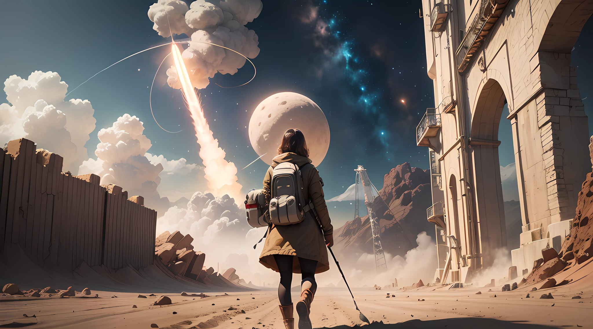 ((Masterpiece)), ((Best Quality)), 8k, HDR, cinematic lighting, (one woman), light beams from underfoot, perspective, rocket launch pad, blast, dust, crater
