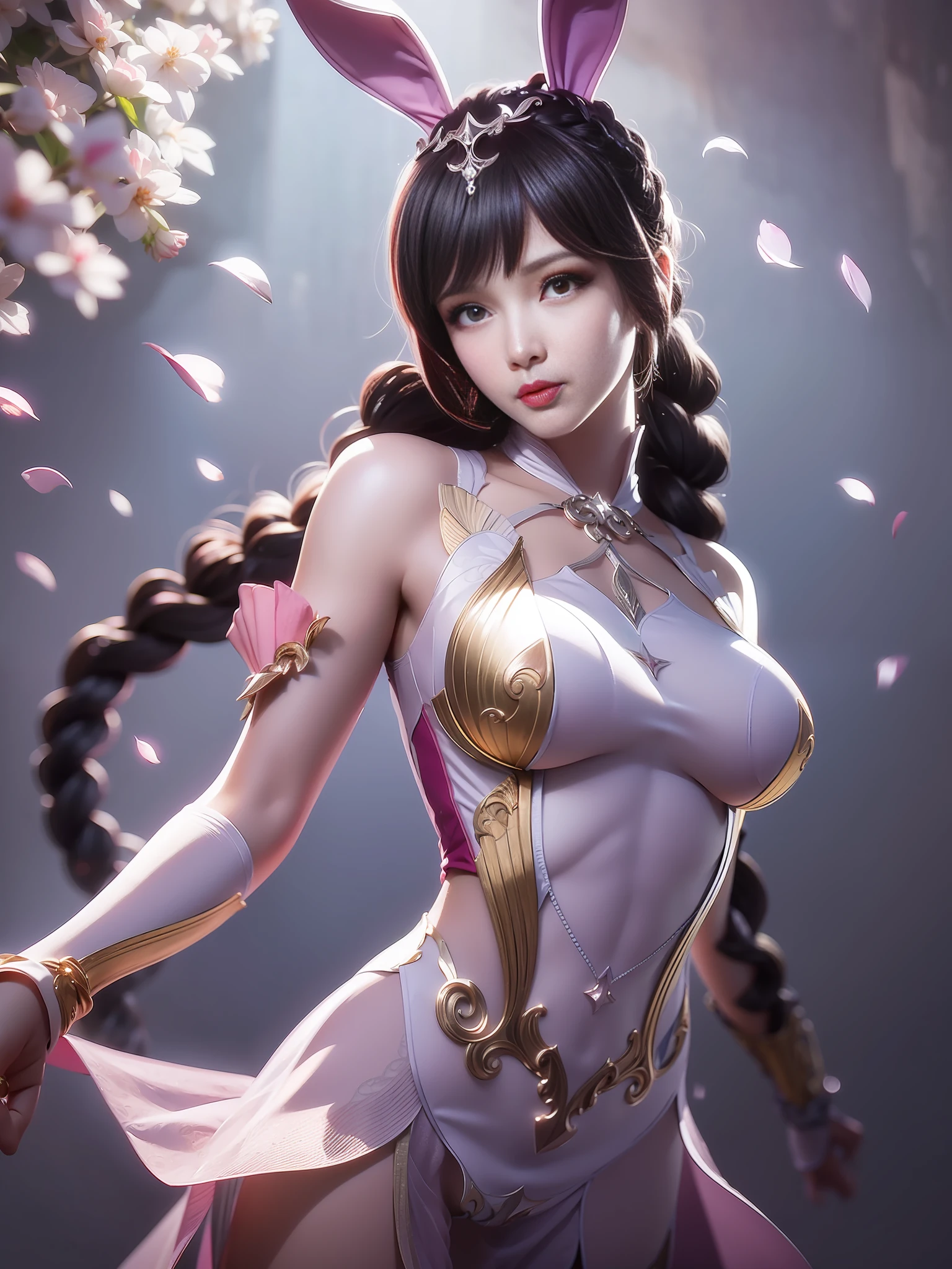 (1girl:1.3), Solo, __body-parts__, Official Art, Unity 8k Wallpaper, Ultra Detailed, Beautiful and Aesthetic, Masterpiece, Best Quality, RAW, Super Fine Photo, Best Quality, Ultra High Resolution, Photorealistic Photorealism, Sunlight, Full Body Portrait, Amazing Beauty, Delicate Face, Vibrant Eyes, (From the Front), Detailed Face, Gorgeous, Highly Detailed Skin, Realistic Skin Details, Visible Pores, Sharp Focus, Volume Fog, 8K uhd, DSLR, high quality, film grain, fair skin, photo realism, brunette hair, brunette hair, breasts, open eyes, split sleeves, skinny, transparent, pink, dress, transparent panties, pink, twisted braid, long braid, jewelry, gold accessories, gorgeous accessories, complex, delicate lips, long hair, medium breasts, outdoor, closed lips, petals, peach blossoms, rabbit ears, pink rabbit ears, standing, dynamic pose, upper body