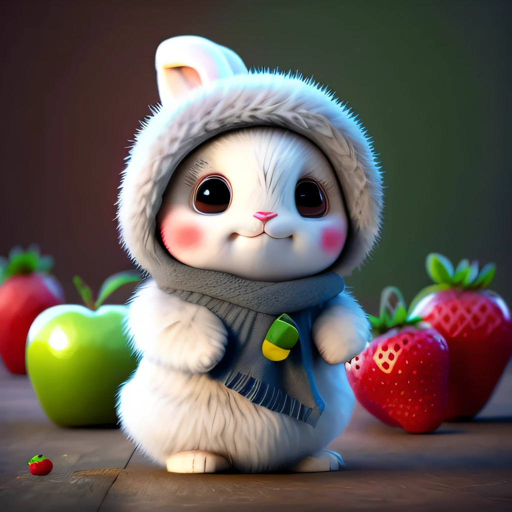 : 3. bunny, realistic, furry animal, apple, black eye, blush, cherry, food, fruit, full body, hat, non-human, strawberry, tomato, watermelon