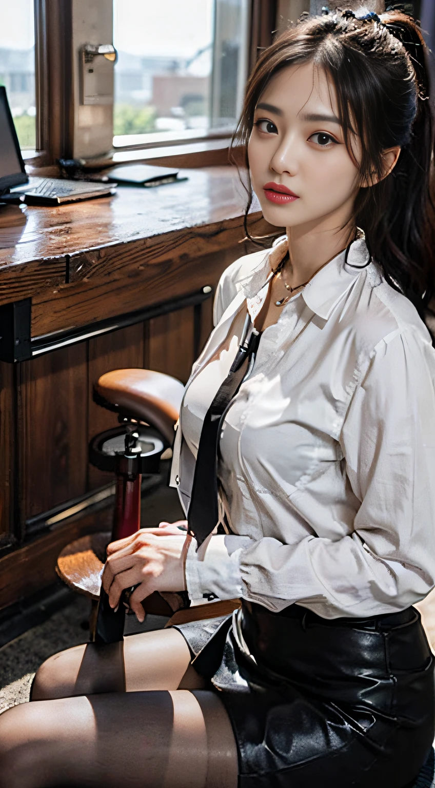 Exquisite, masterpiece, beautiful details, colorful, delicate details, delicate lips, intricate details, large , black sunglasses with cool, 1 woman, (a beautiful 20-year-old cute Korean woman: 1.1), (kpop idol, Korean mixed), (50mm Sigma f/1.4 ZEISS lens, F1.4, 1/800s, ISO 100, photograpy:1.1), (ponytail + brunette 1.2), ( Photorealistic: 1.4), (SPY: 1.2), (Open Jacket, Shirt, Skirt, Tie, Black Pantyhohristian Louboutin\(Brand\),:1.3), Earrings, Necklaces, Armbands, (Tavern, Bar:1.2), (Beautiful Legs, High Girl, Skinny, slim_legs, thigh_gap, Model: 1.2 ), lens, flare from the front, (cool expression), dynamic pose, (makeup: 1.2), (sitting in a wide office boss chair))