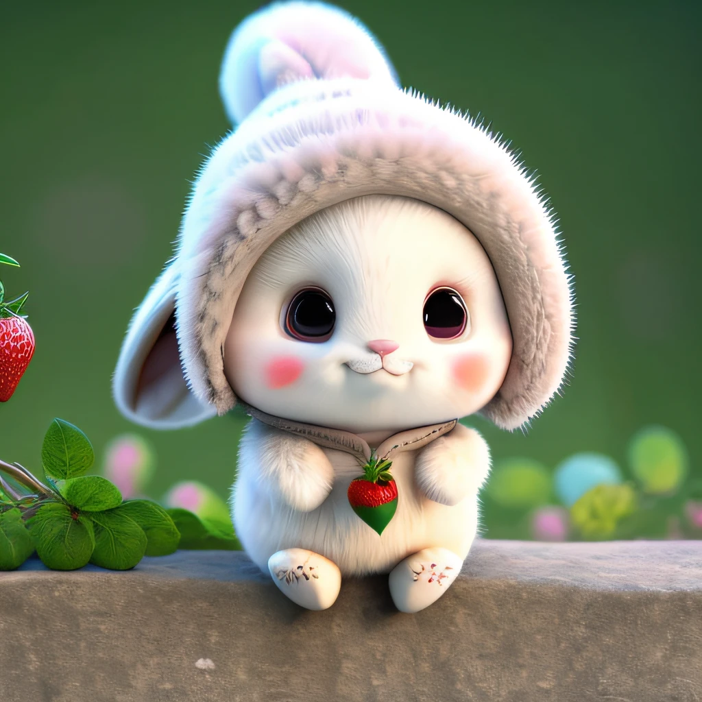 : 3. bunny, realistic, furry animal, apple, black eye, blush, cherry, food, fruit, full body, hat, non-human, strawberry, tomato, watermelon