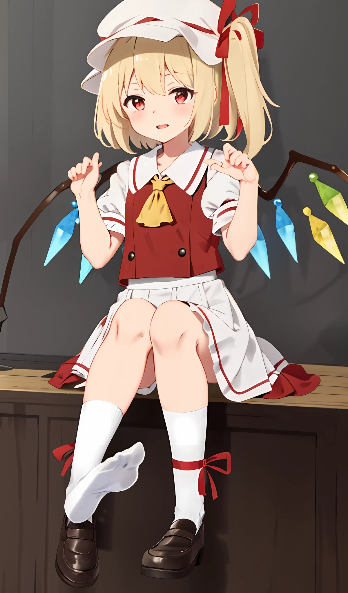 1girl,ankle_socks,ascot,blonde_hair,bobby_socks,bow,crystal,full_body,hands_up,hat,hat_bow,hat_ribbon,knees_up,looking_at_viewer,mob_cap,no_shoes,one_side_up,parted_lips,puffy_short_sleeves,puffy_sleeves,red_bow,red_eyes,red_ribbon,red_skirt,red_vest,ribbon,shirt,short_sleeves,side_ponytail,simple_background,sitting,skirt,skirt_set,socks,solo,vest,white_background,white_headwear,white_legwear,wings,yellow_ascot,yellow_neckwear,flandre_scarlet