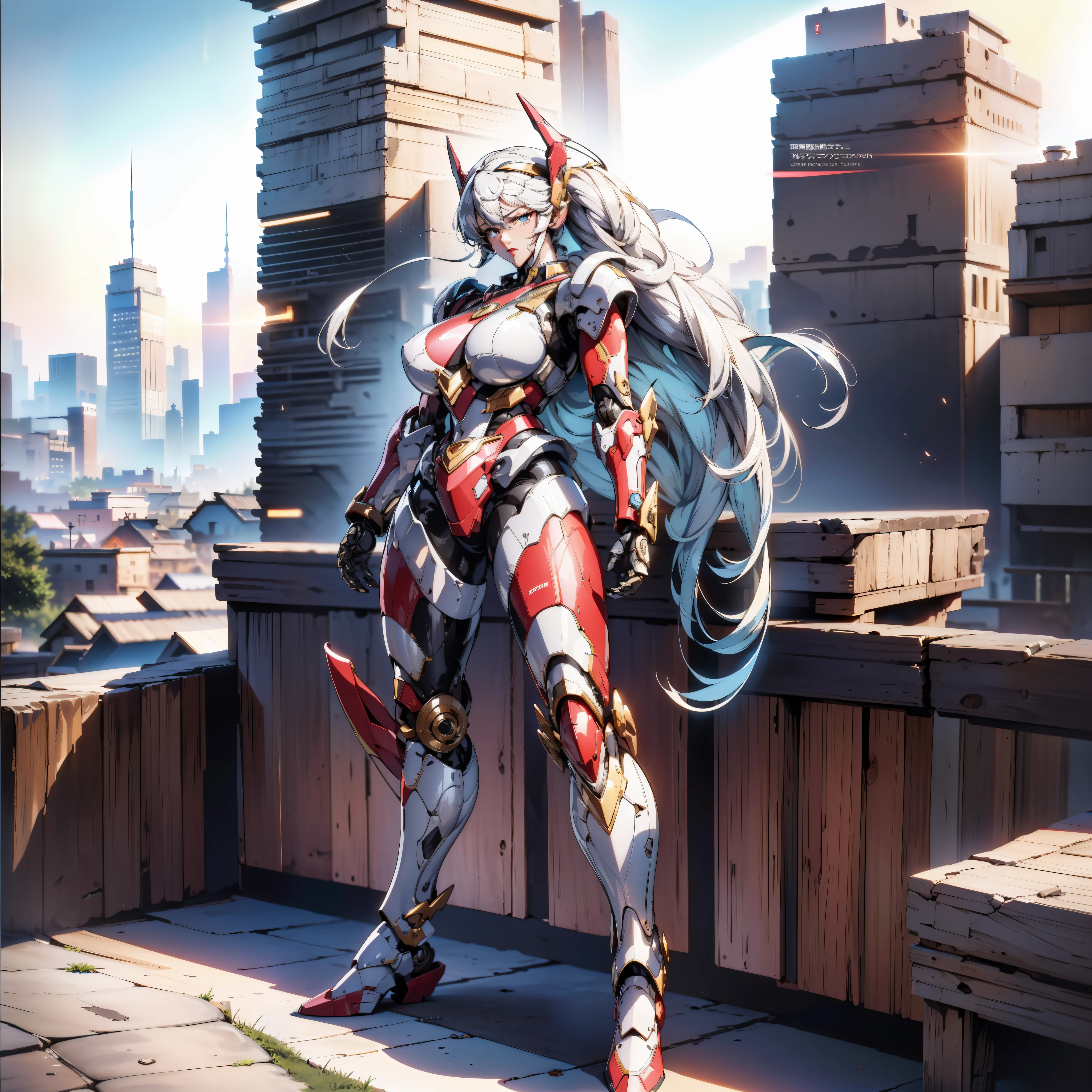 (Masterpiece, Superb Quality, Super Delicate, High Resolution), Male Focus, (((Mecha))), (((Mechanized))), (Body Details), (She Has Long White Hair, Big Breasts, Slim), (Standing Pose), Posing for Photos, Top-Down View, City Ruins, Background Details, (((Full Body)), From Above, Solo