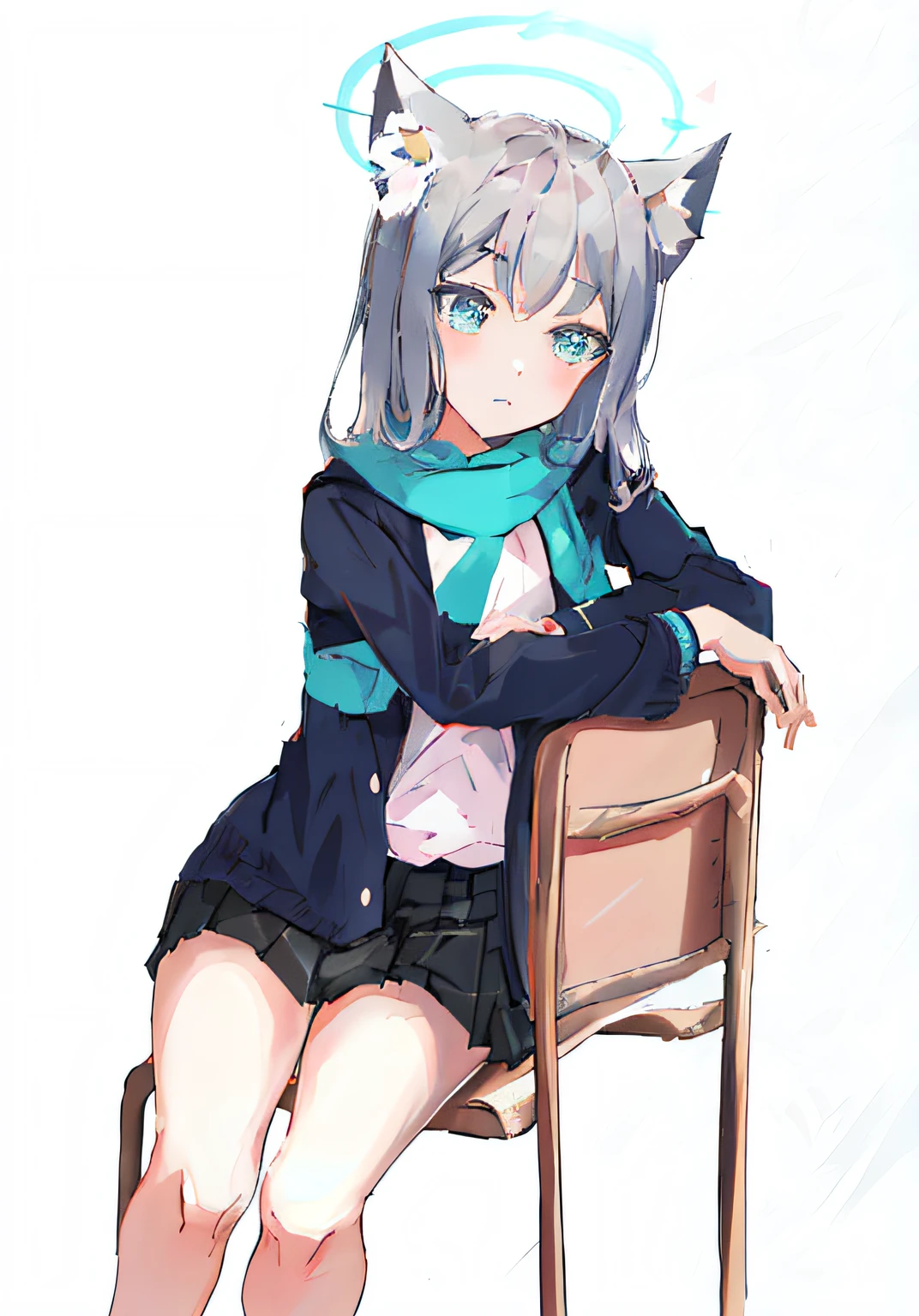 anime girl with angel halo sitting on chair with legs crossed, anime moe artstyle, nyaruko-san, kantai collection style, anime catgirl, cute anime catgirl, holo is a wolf girl, beautiful anime catgirl, casual pose, white cat girl, digital art from danganronpa, realistic schoolgirl, an anime girl, nekomimi