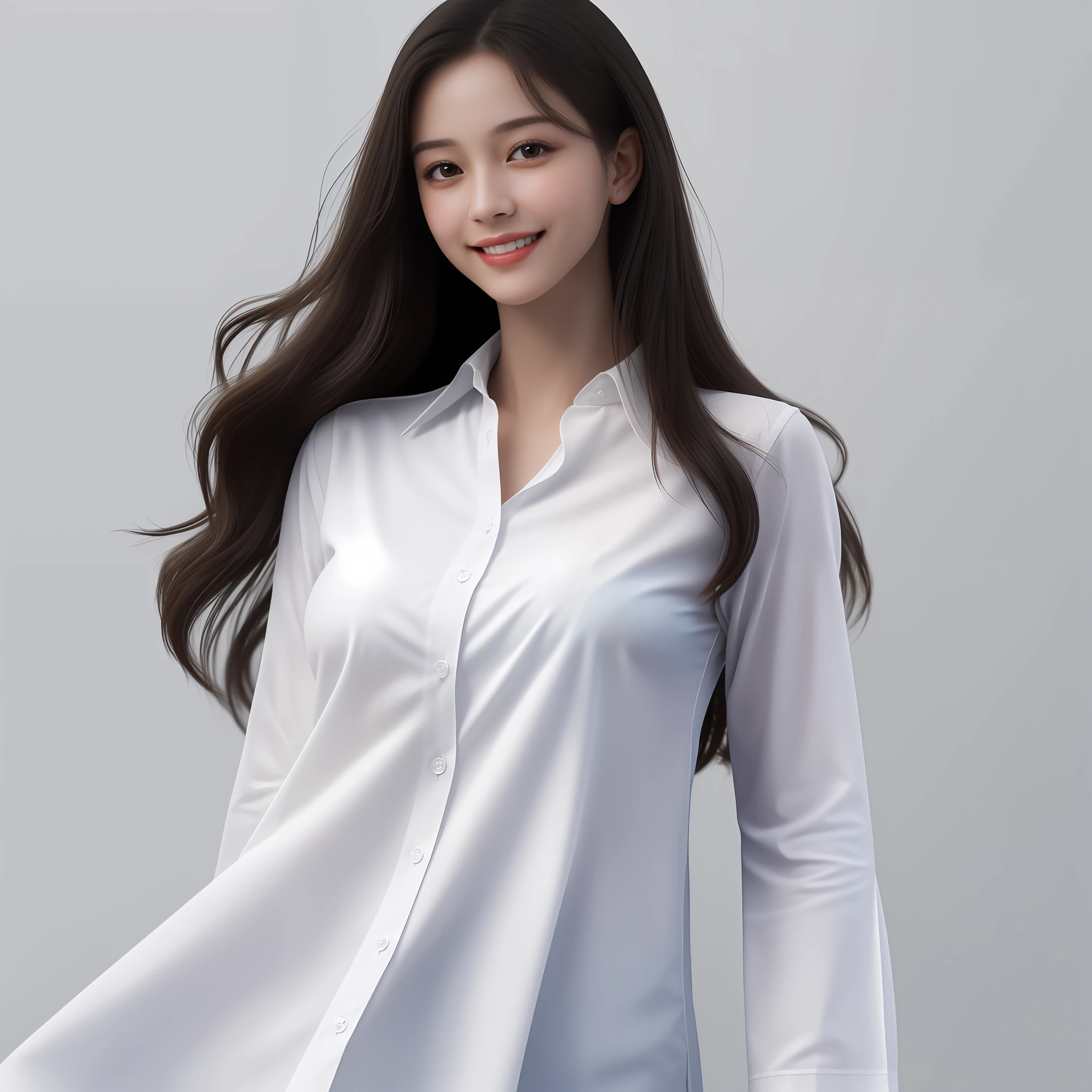 (8k, RAW photo, best quality, masterpiece: 1.2), (realistic: 1.6), (masterpiece), (best quality: 1.0), (ultra high resolution: 1.0), detailed, girl, solo, detailed beautiful skin ,realistic skin, exposed small breasts, best quality, super high resolution, cute, long hair, smile, white shirt, sexy