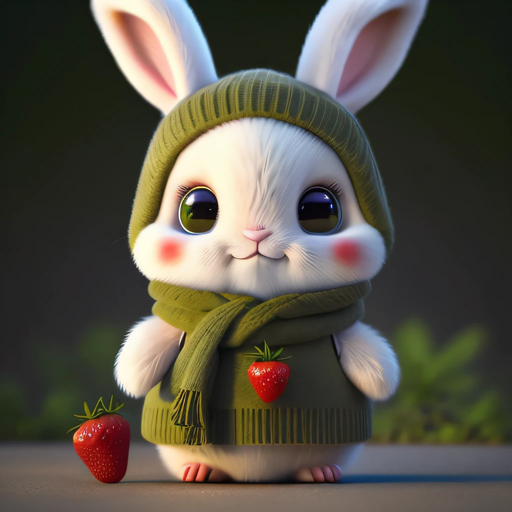 : 3。 Rabbit, realistic, furry animal, apple, dark circles, blush, cherry, food, fruit, full body, scarf, non-human, strawberry, tomato, watermelon