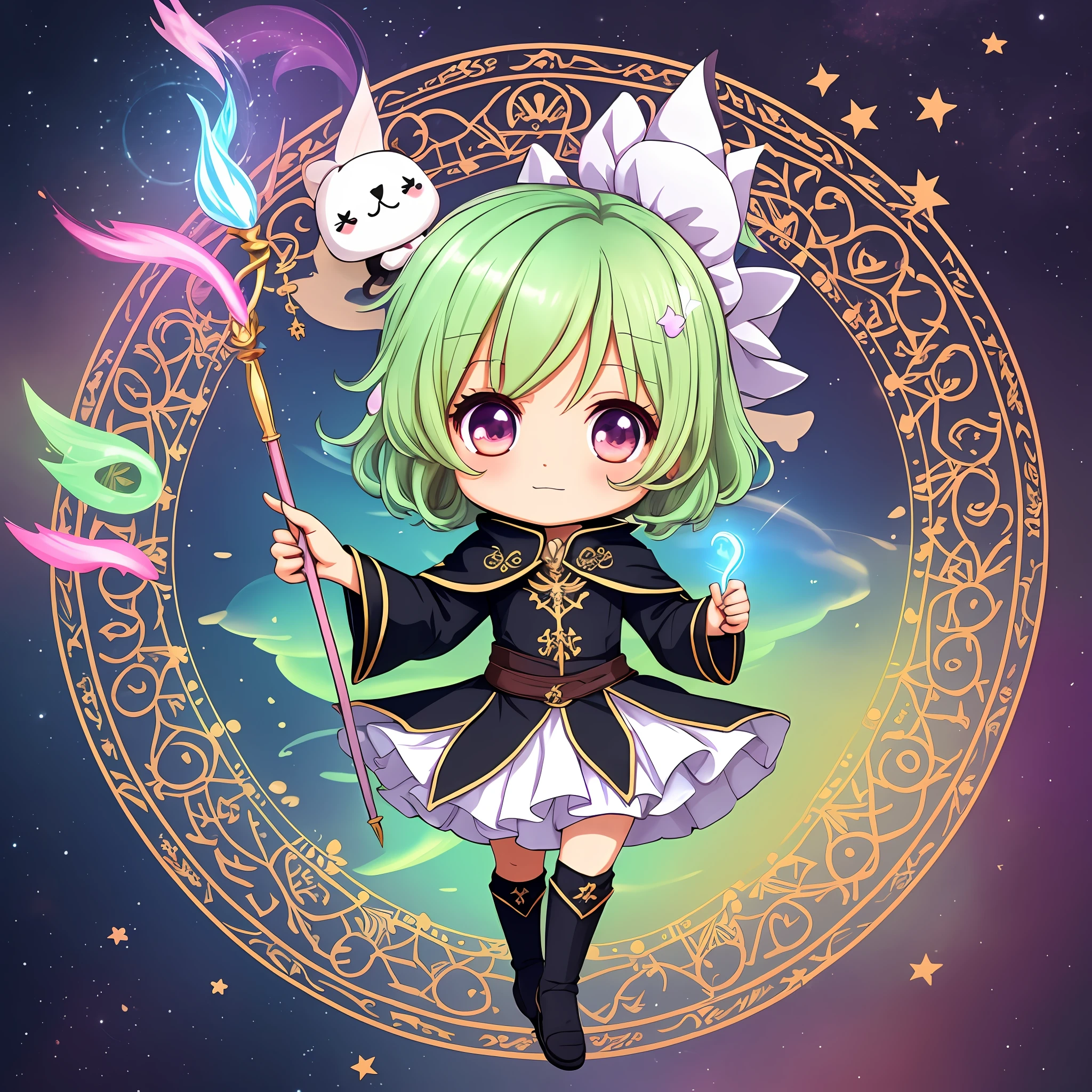 ((Sticker: 1.5))), ((Chibi Chara)), (White Background), Fluffy, Girl, Wizard, Black Magician Costume, Holding a Magic Wand, Sorcerer Pose, Chibi Chara, Full Body, Pastel Hair, Fairy Tales, Fantastic, Rainbow, Masterpiece, Best Quality, 16k, Magic Circle