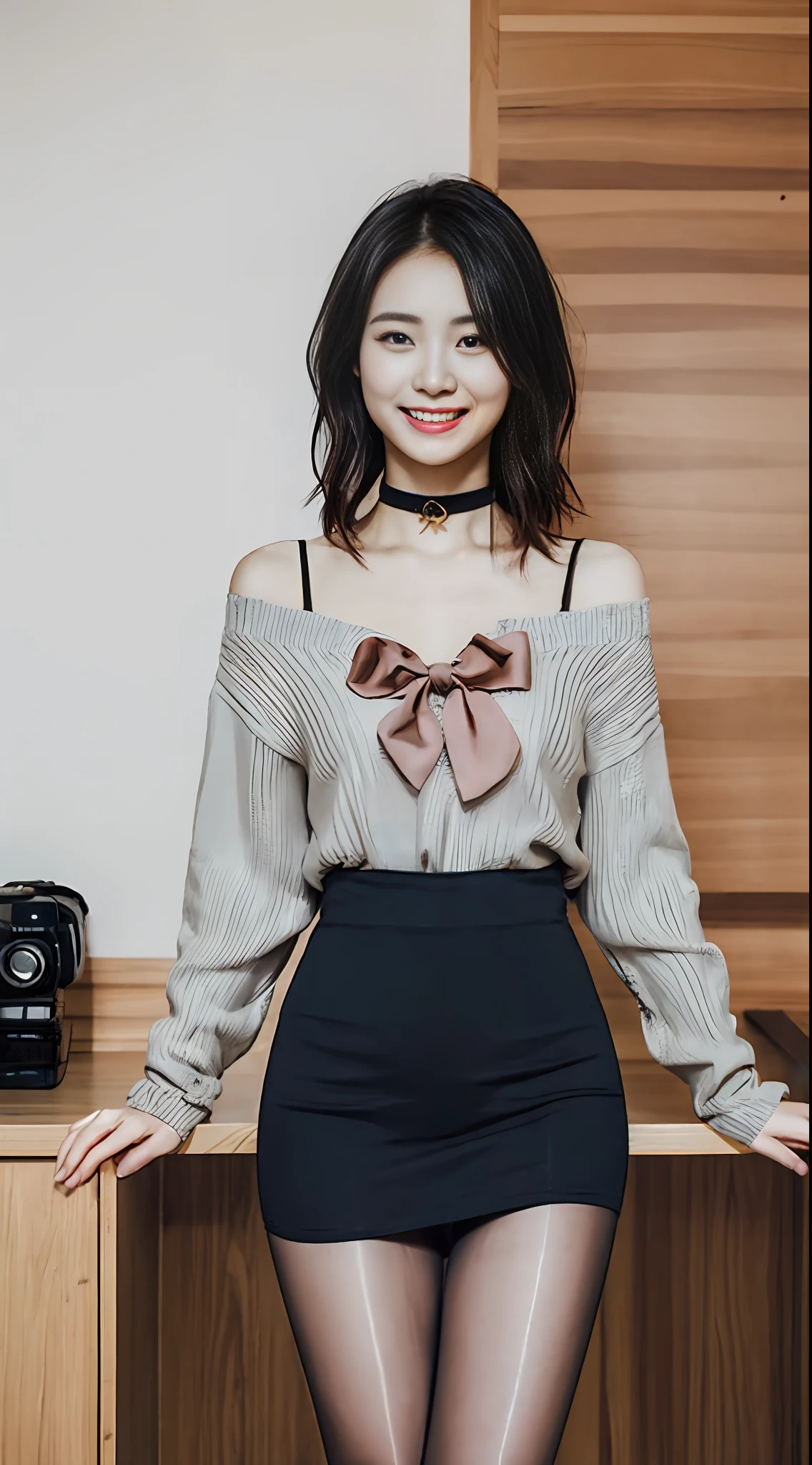 8k 超高清, digital SLR camera, filmgrain, 富士 XT3,(best best quality:1.3), (master masterpiece:1.1), great resolution, cinematic light, Complicated Detail, (PhotoRealistic), Exterior, Beautiful outside, IT was sunny,
Korean girls,(In the café:1.5) , Dimples, bobed hair, looking at the viewers, detailded, Ribbon, bow Tie, Naked Shoulders, ribbed sweater,
pencil skirt,high waist skirt,head rest,sitting,inside room,
Choker,black pantyhoses,sheet transportation sweater,(Sorrisos),(total body:1.6),Slender,
