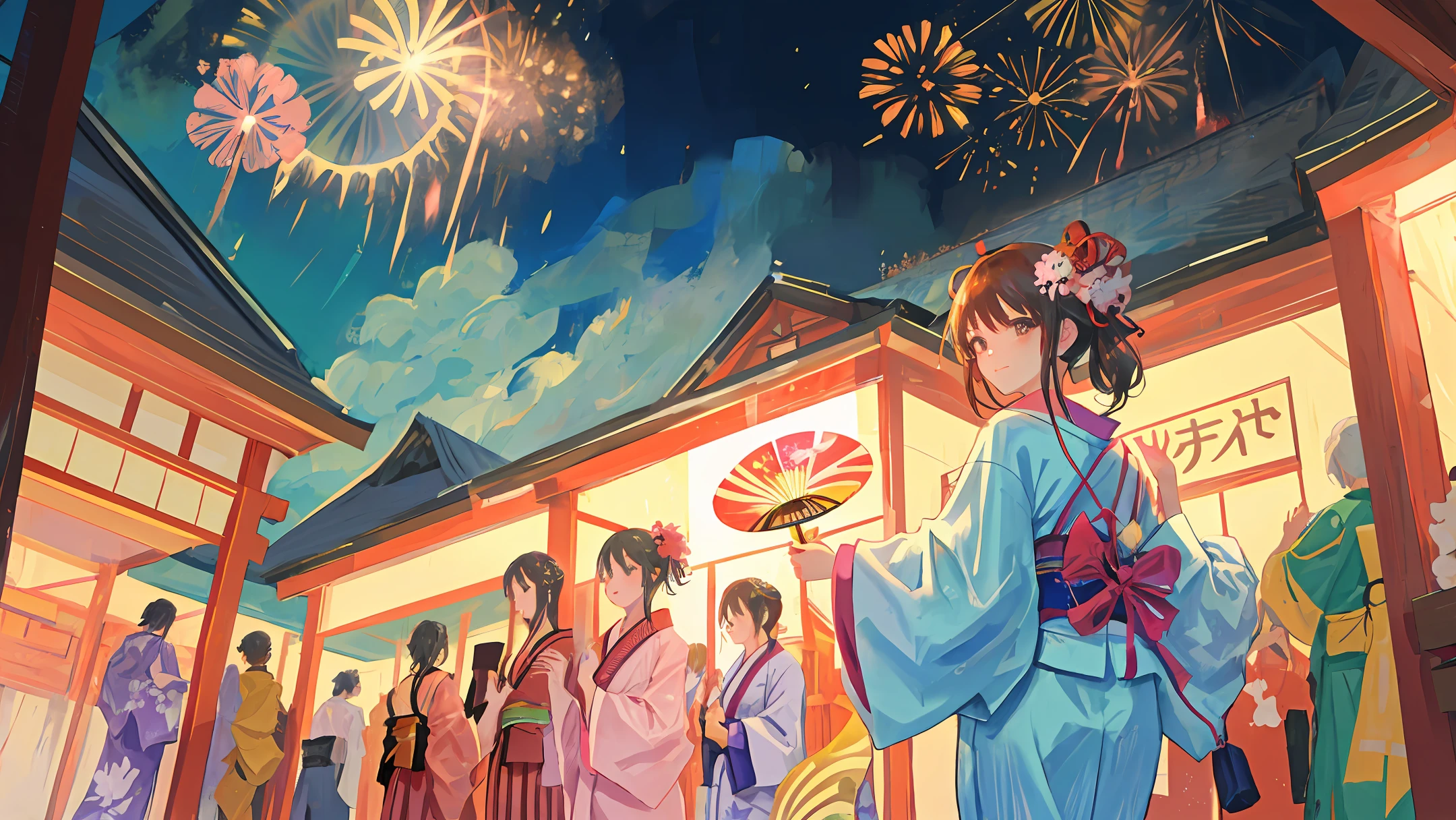 Japan, summer, night, fireworks, yukata, fan, women