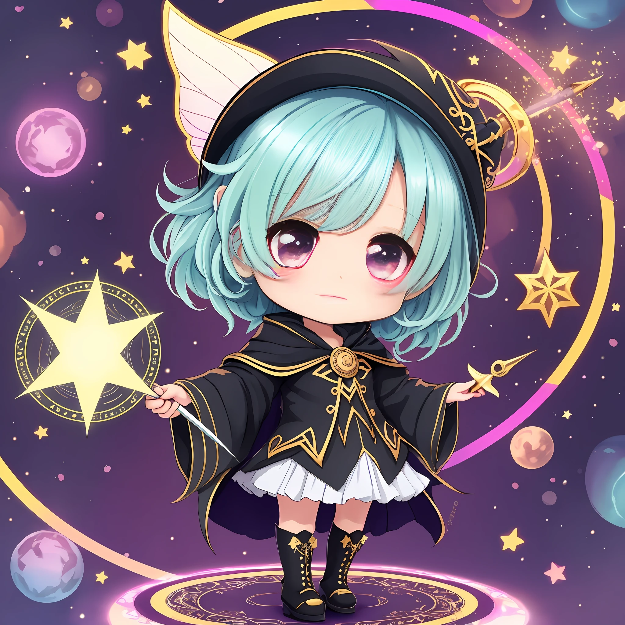 ((Sticker: 1.5))), ((Chibi Chara)), (White Background), Fluffy, Girl, Wizard, Black Magician Costume, Holding a Magic Wand, Sorcerer Pose, Chibi Chara, Full Body, Pastel Hair, Fairy Tales, Fantastic, Rainbow, Masterpiece, Best Quality, 16k, Magic Circle