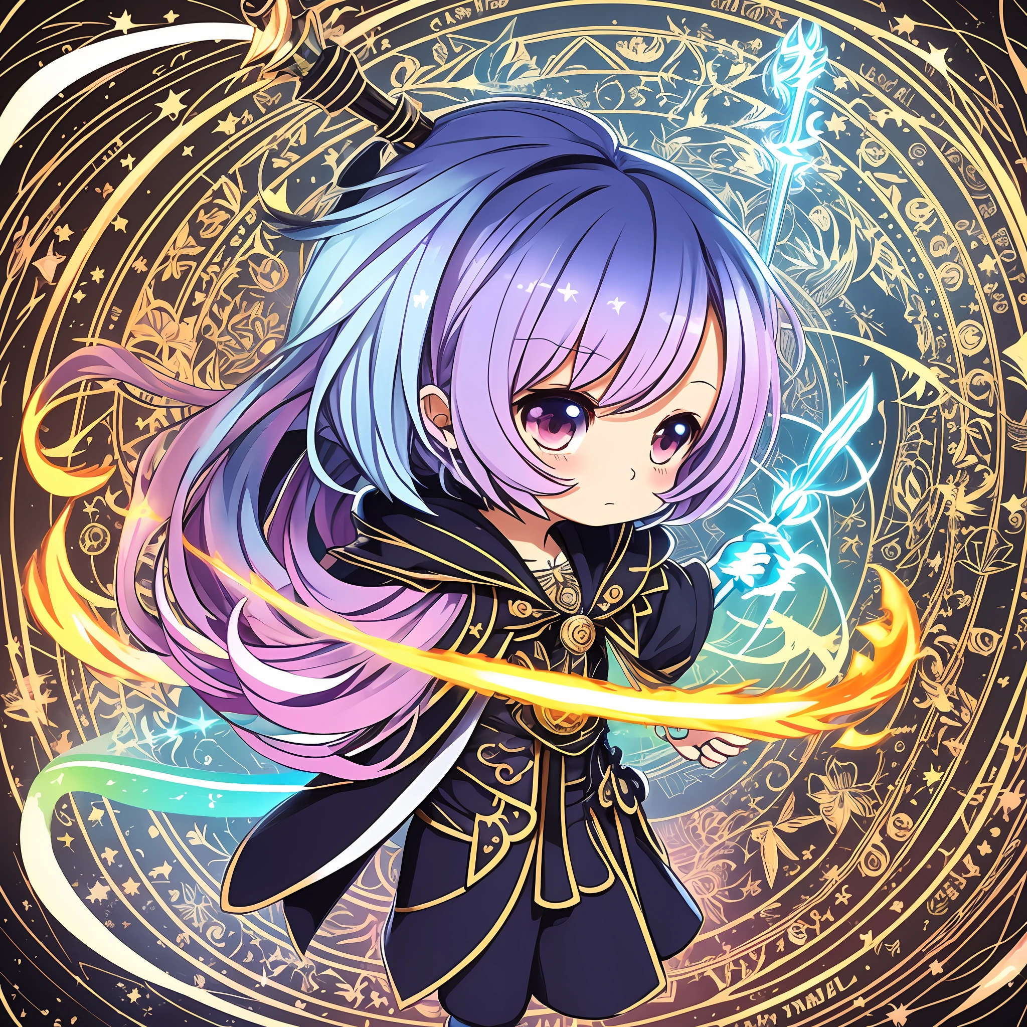((Sticker: 1.5))), ((Chibi Chara)), (White Background), Fluffy, Girl, Wizard, Black Magician Costume, Holding a Magic Wand, Sorcerer Pose, Chibi Chara, Full Body, Pastel Hair, Fairy Tales, Fantastic, Rainbow, Masterpiece, Best Quality, 16k, Magic Circle