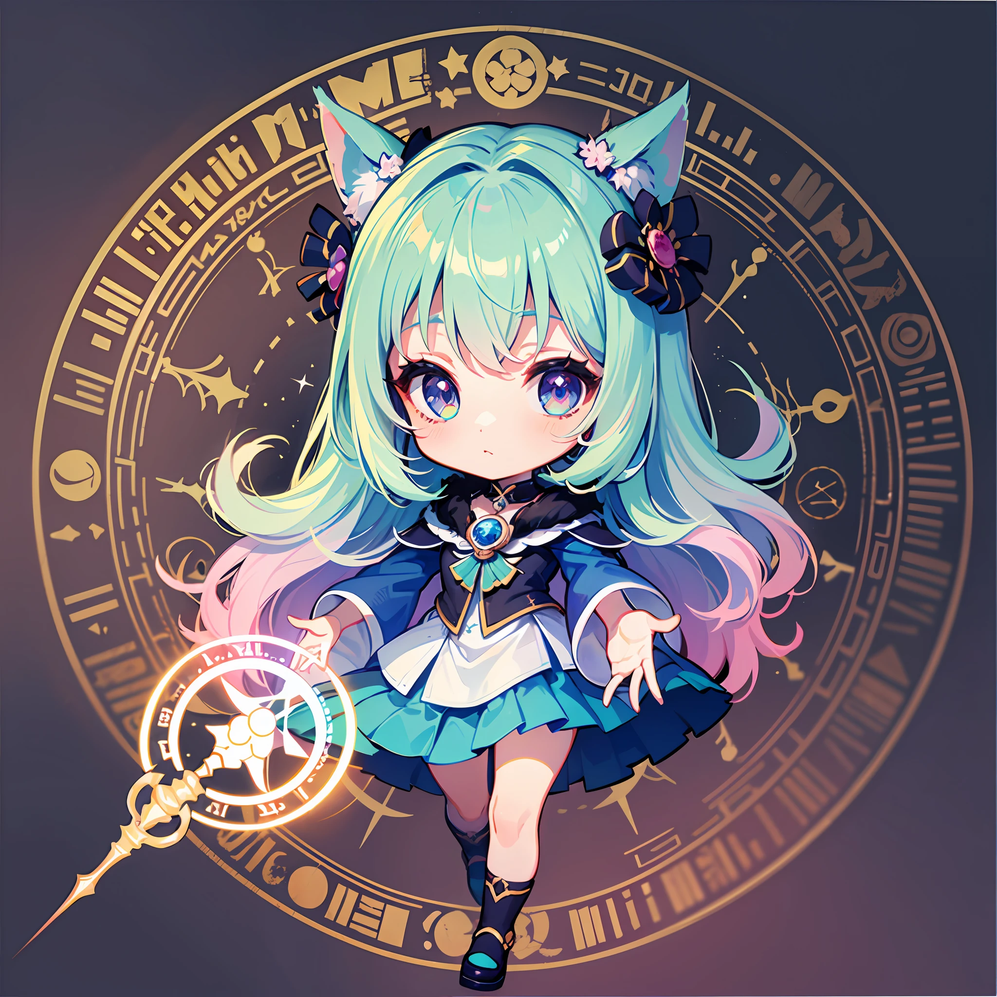 ((Sticker: 1.5))), ((Chibi Chara)), (White Background), Fluffy, Girl, Sorceress, Wizard Costume, Holding a Magic Wand, Warrior Pose, Chibi Chara, Full Body, Pastel Hair, Fairy Tales, Fantastic, Rainbow, T-Shirt Design, Masterpiece, Best Quality, 16k, Magic Circle