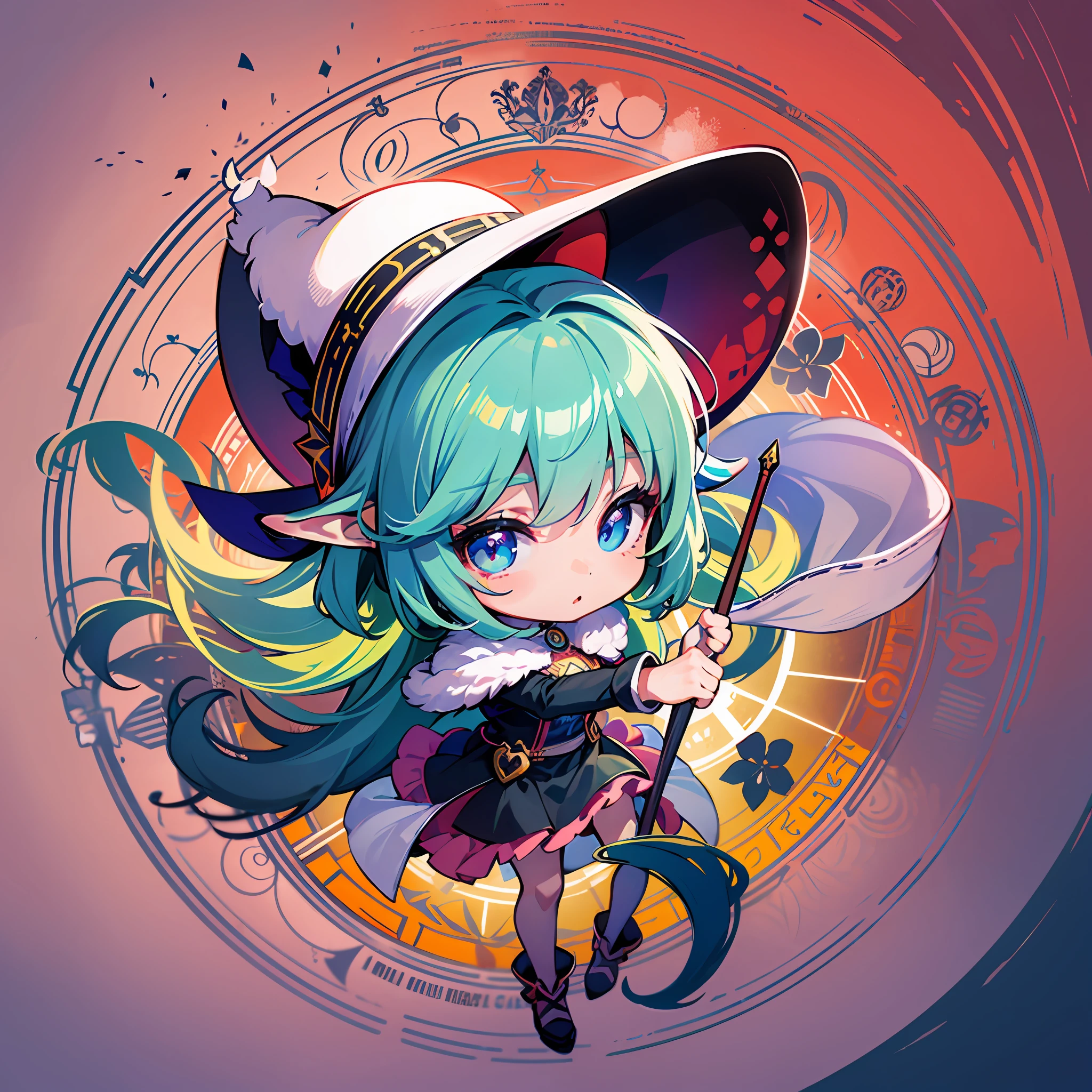 ((Sticker: 1.5))), ((Chibi Chara)), (White Background), Fluffy, Girl, Sorceress, Wizard Costume, Holding a Magic Wand, Warrior Pose, Chibi Chara, Full Body, Pastel Hair, Fairy Tales, Fantastic, Rainbow, T-Shirt Design, Masterpiece, Best Quality, 16k, Magic Circle