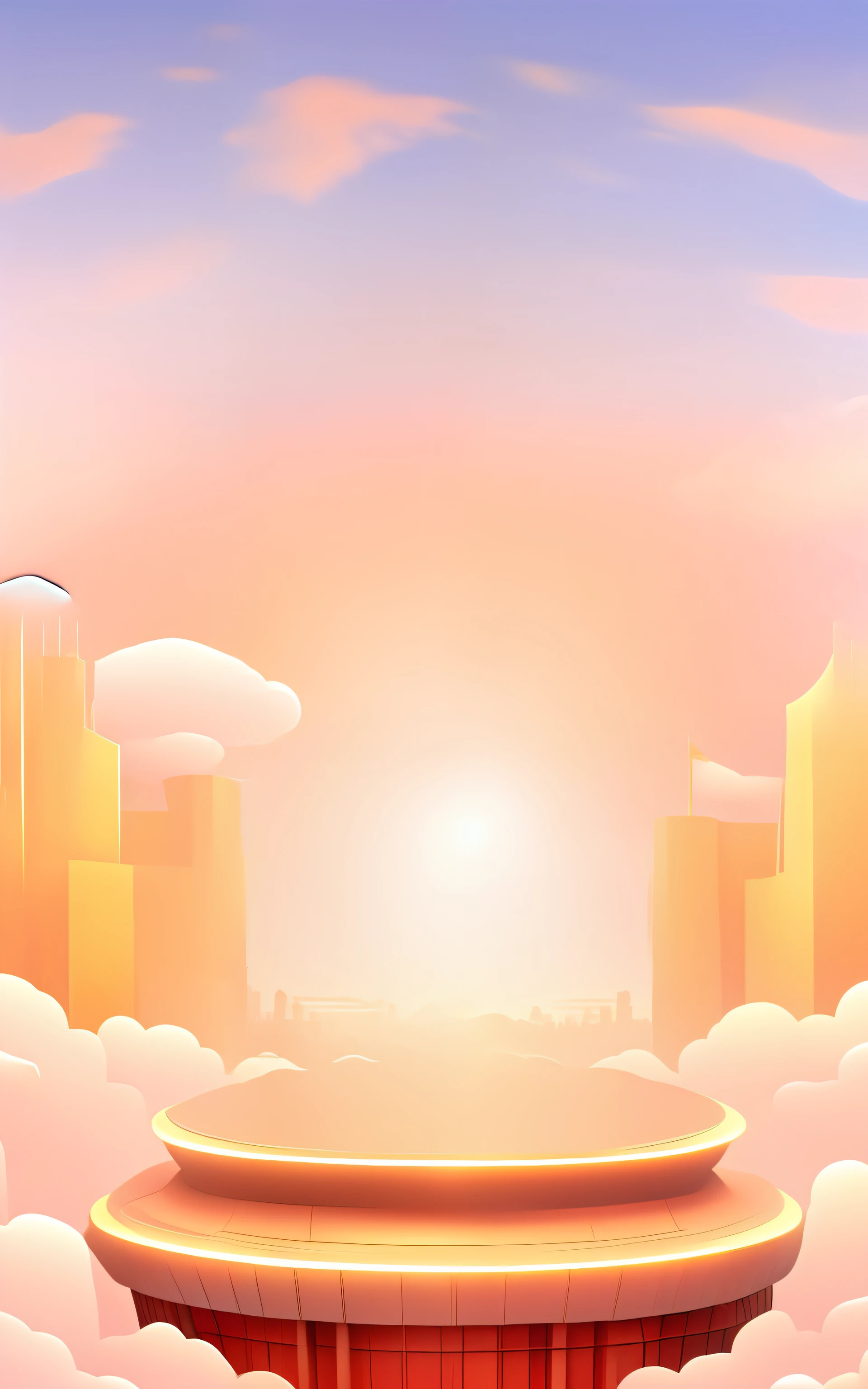 Modern style, in the center of the city there is a large circular podium, glowing sky heaven background, background artwork, kingdom of light background, dawn sun, town, city perimeter surrounded by auspicious clouds, near big far small