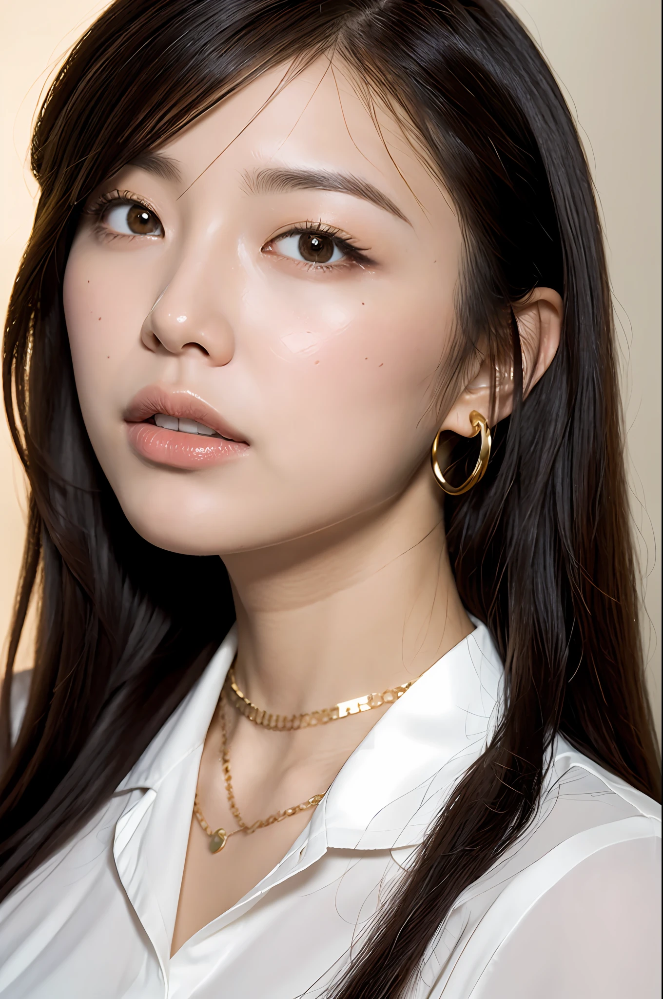 (Masterpiece: 1.3), (8k, Photorealistic, RAW Photo, Best Quality: 1.4), (1girl), Shallow depth of field, Face in focus, Soft focus, Beautiful face, (Backlight: 1.5), (Ambient: 1.3), (Realistic Face), (Black hair, Medium Short: 1.3), Hair with gentle waves, Hair that flutters and spreads in the wind, Back hair spread in the wind, short bangs, realistic eyes, dark brown pupils, highlights in pupils, beautiful detail eyes, (plenty of natural light), (realistic skin), beautiful skin, (blouse with white collar), gold chain necklace, gold chain bracelet, watch, small handbag, light solid color pale wall surface and sky background, absurd, attractive, ultra high resolution, ultra realistic, High definition, golden ratio, close-up angle of walking during commute, gesture of pulling up hair with hand