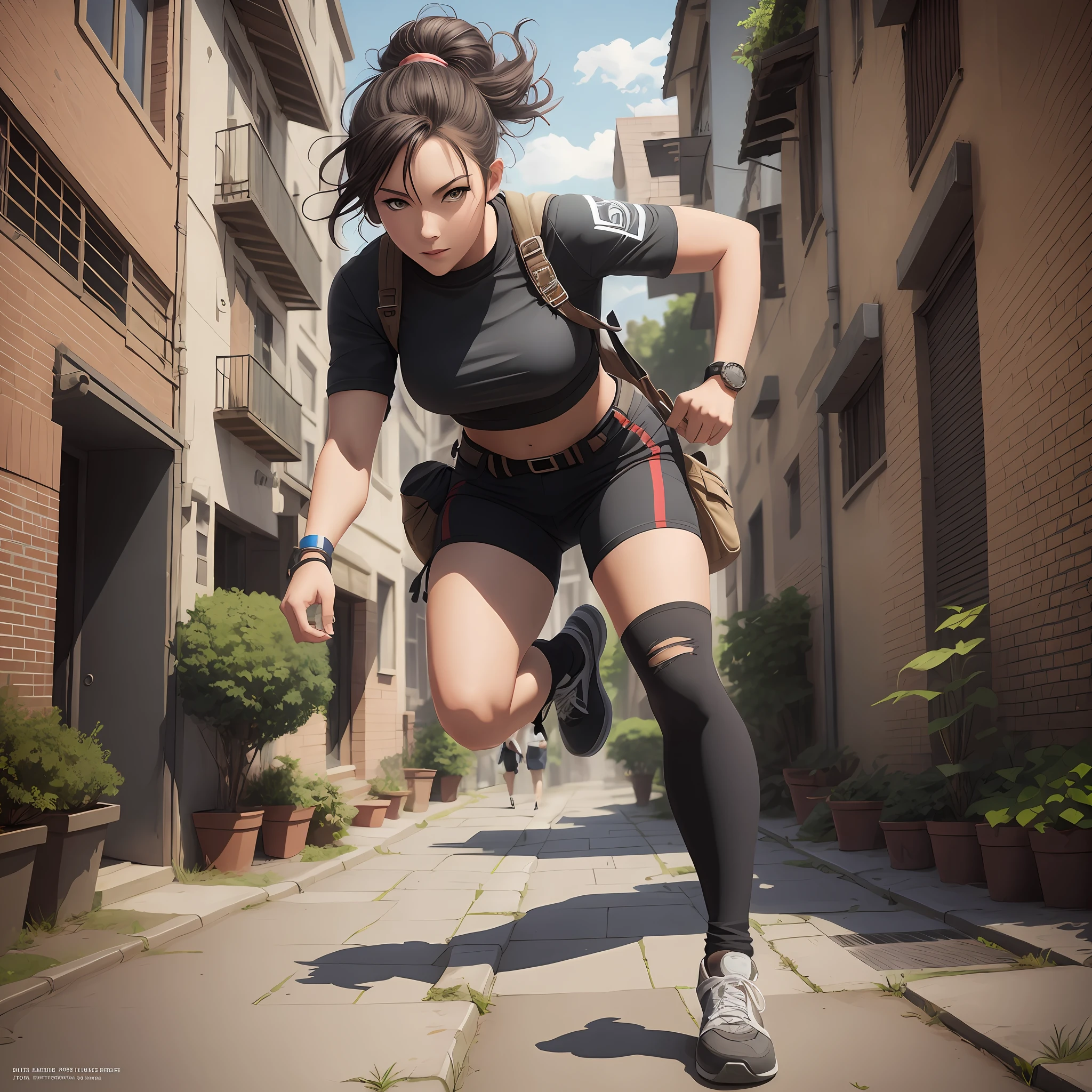 Walking the streets, women carrying backpacks and wearing white sneakers venture through the alleys in a surreal rendering and anime style.