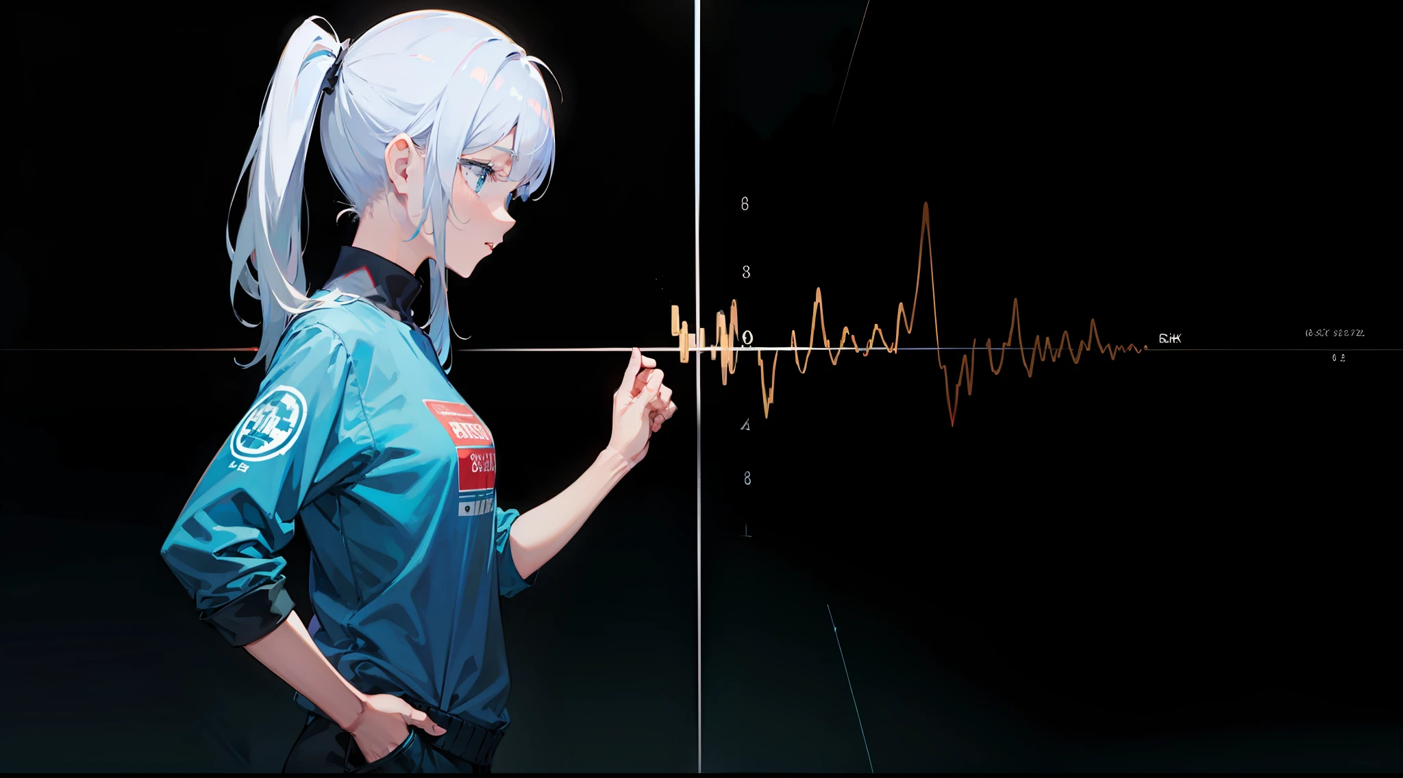 Wallpaper, 8k, rich details, ((masterpiece)), ((master work)), ((abstract)), (electrocardiogram), green lines, (1girl:-1), white ponytail, (girl on the right side of the screen), (hands in pockets)), quadratic, plain clothing, floating simple geometric figures, (tech: 0.2), loneliness