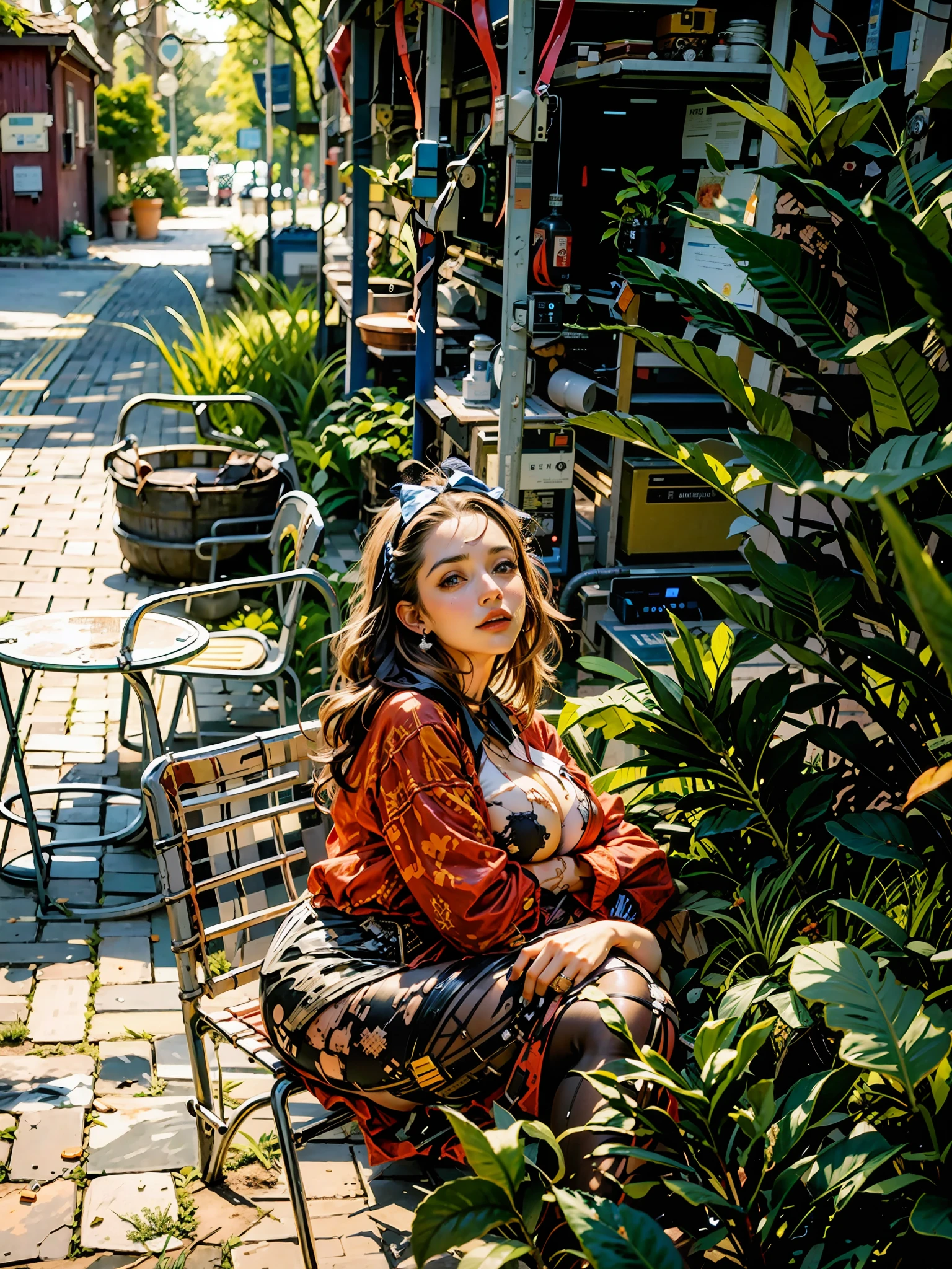 a hyper-realistic portrait of a young woman, half asleep, under a tree, inside a forest, in the middle of nature, 22 years old, realistic, (lying on her side), she is wearing a red panties, (wearing a garter belt and black pantyhose), sexy, (huge breasts 2:1), torn, (all torn), short brown hair, (hair tied with bows), curved, SFW