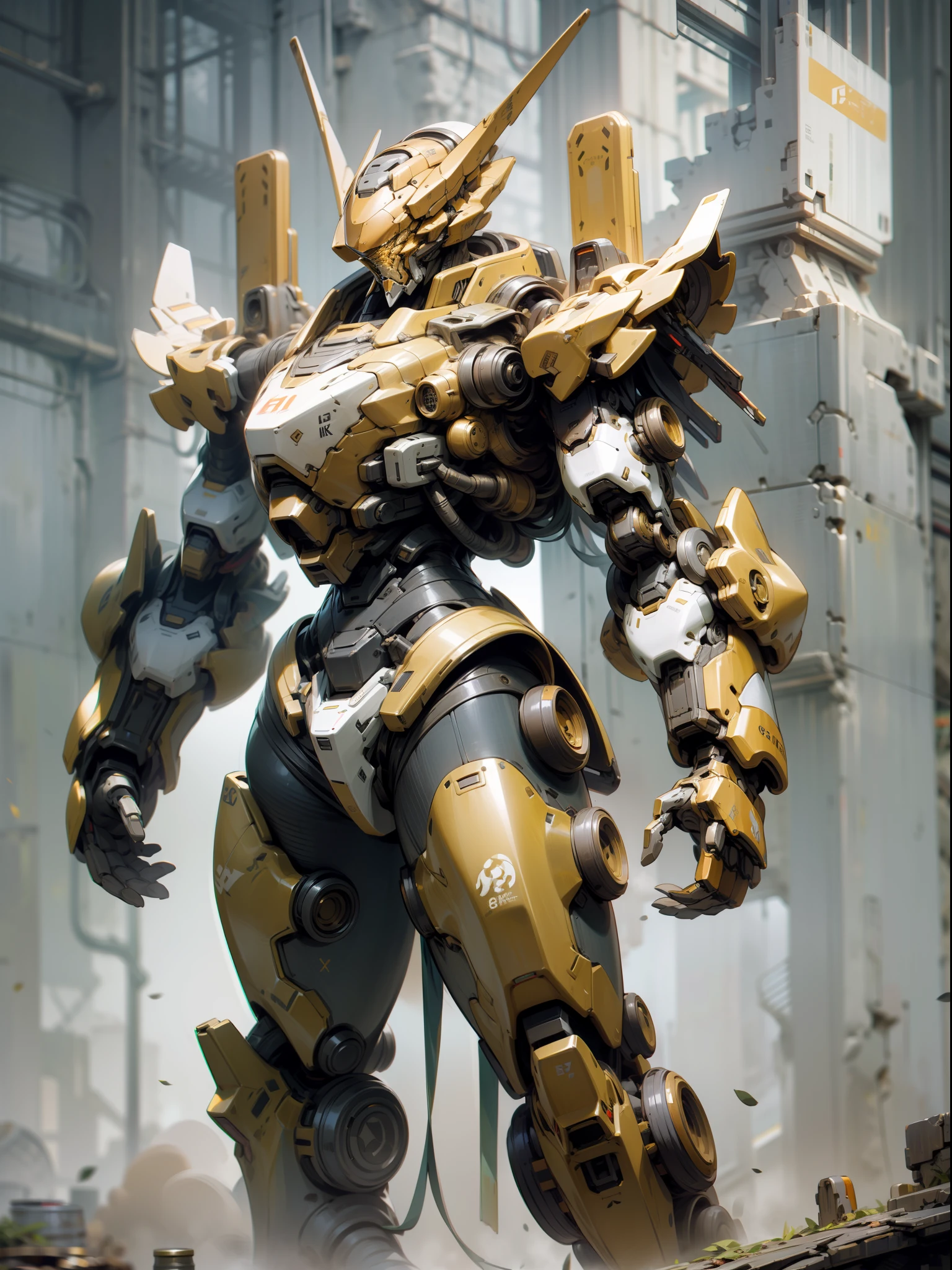 Tall mech, armor, robot, (golden can), cyberpunk style, mecha covered with dragon pattern, huge body, (complex structure), super detailed detail, ruins background, full body shot, 8K, super clear, super HD, super realistic, super real