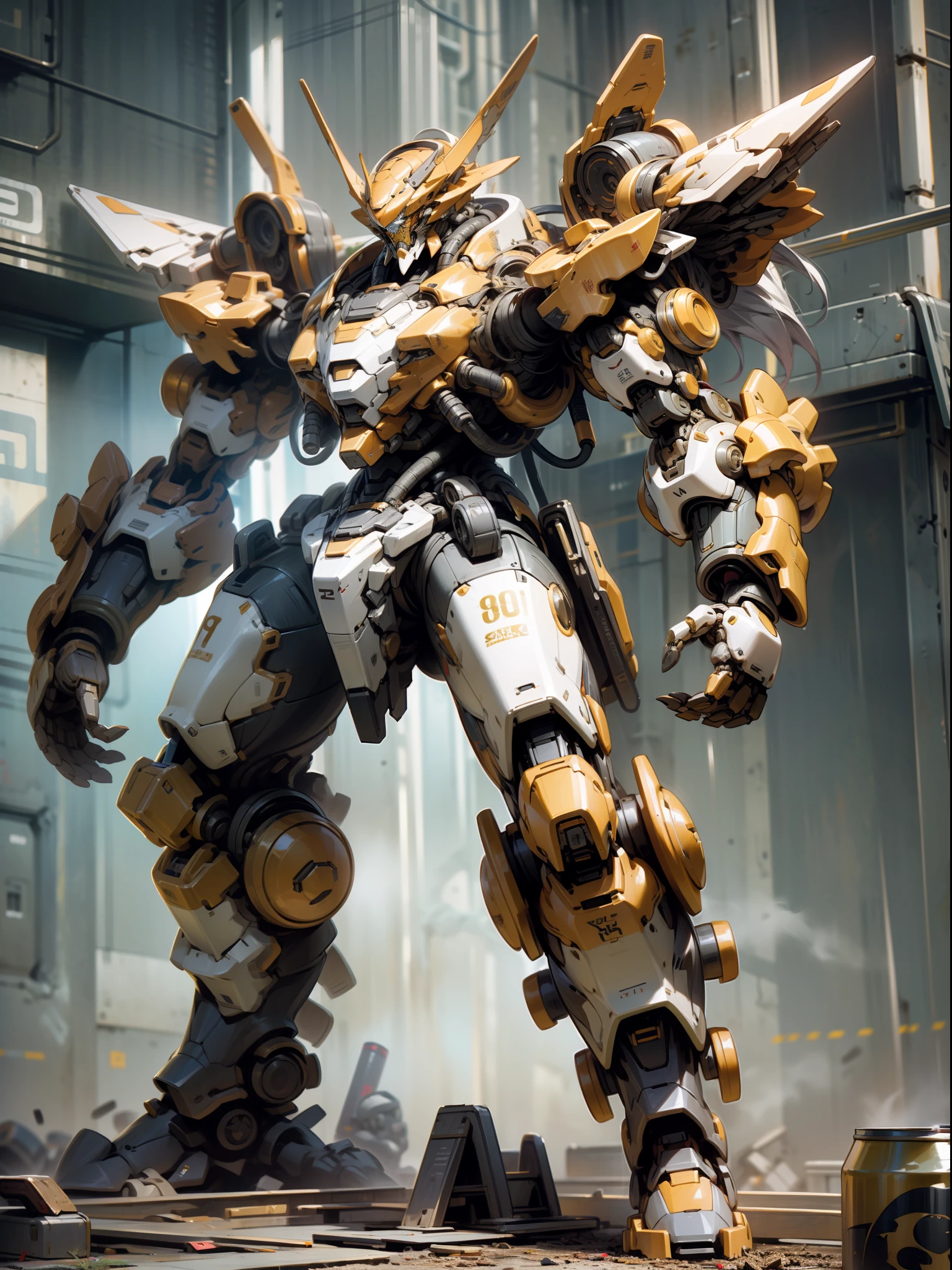 Tall mech, armor, robot, (golden can), cyberpunk style, mecha covered with dragon pattern, huge body, (complex structure), super detailed detail, ruins background, full body shot, 8K, super clear, super HD, super realistic, super real