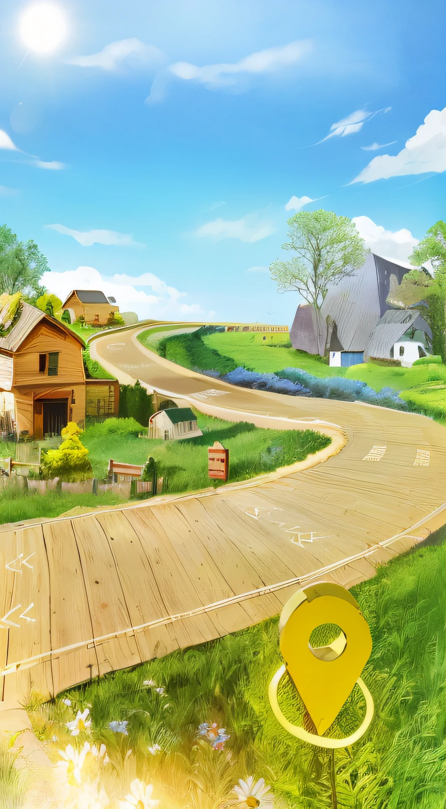Farm with roads and wooden paths Farm background, with meadows, houses, white clouds, trees and sky --auto