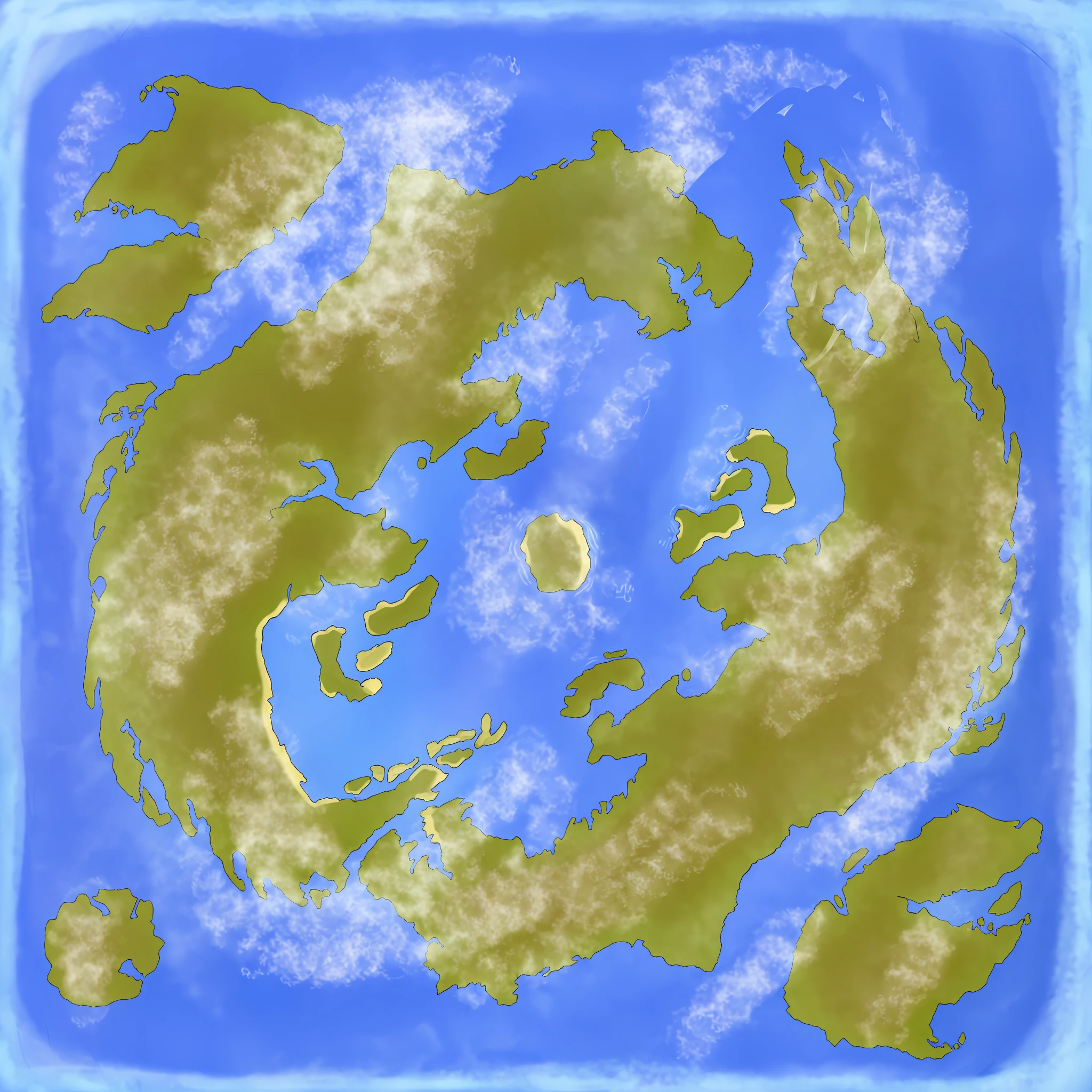 arafed map of the world with a blue sky and clouds, simple fantasy map, detailed fantasy map, fantasy world map, fantasy map, based on geographical map, ancient fantasy regional map, highly detailed map, fantasy maps, d&d style fantasy map design, scattered islands, fantasy planet, fantasy overgrown world, map of fantacy world