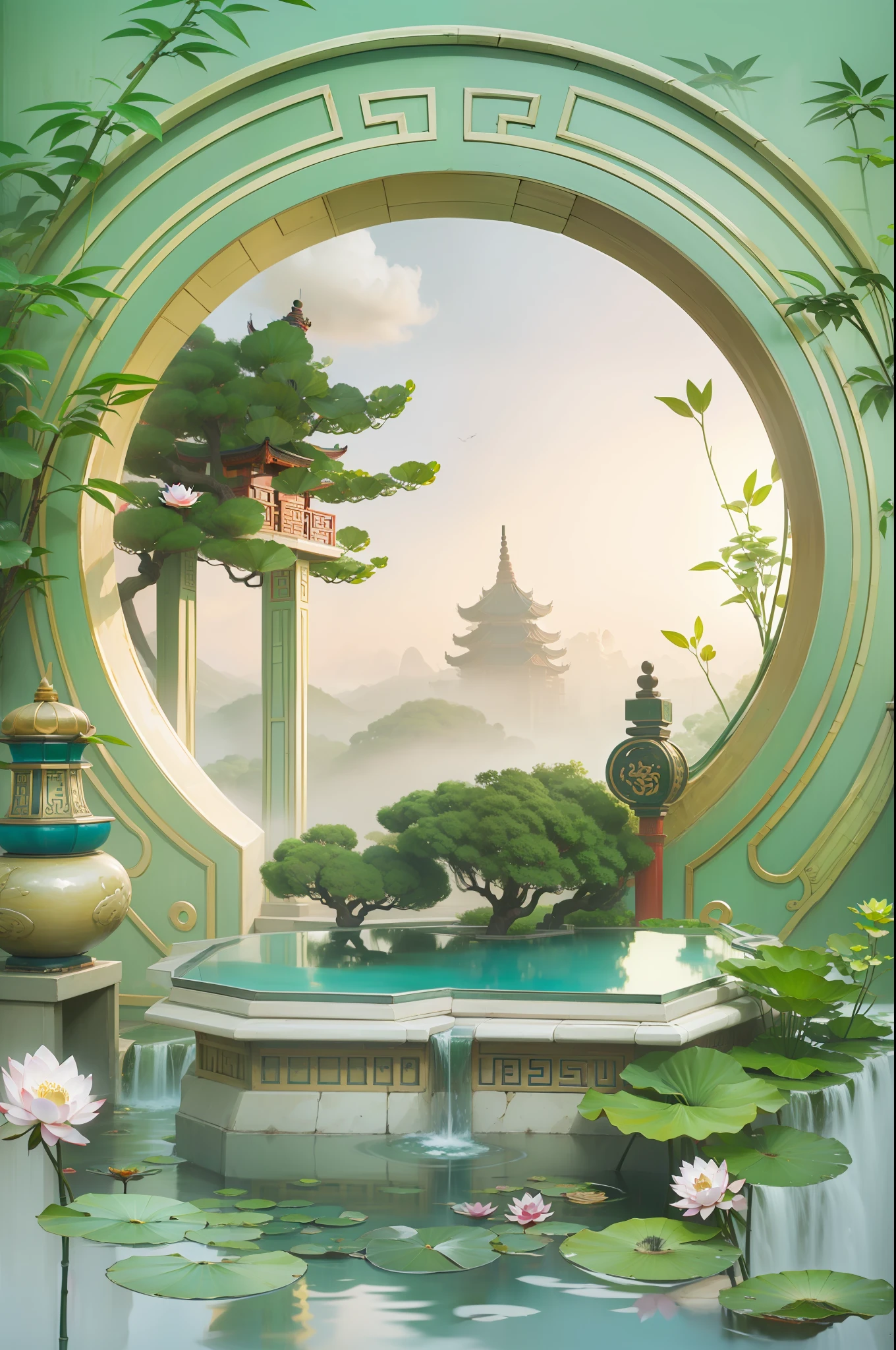 Ultra-high-definition large picture, direct view, water, lotus, Chinese style round arch, glass countertop, lotus, bamboo, pavilion, smoke, lotus bud, grass