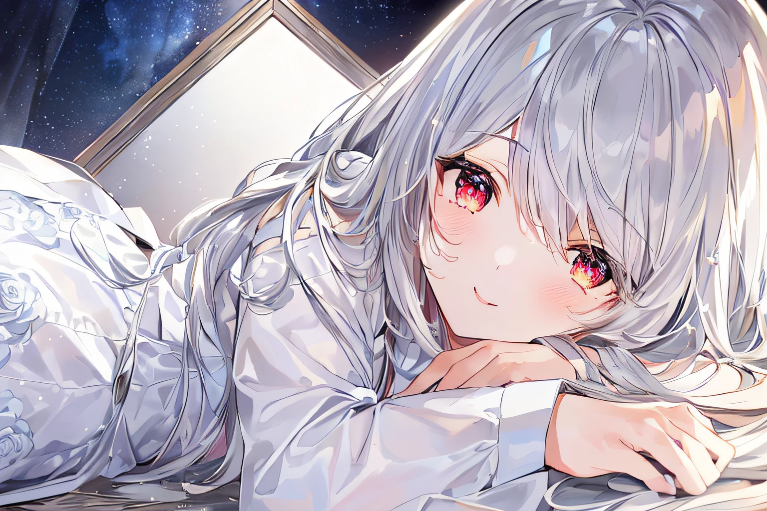 1girl, full body, denim photo, (Rembrandt), illustration, (masterpiece), (best quality), (ultra_detailed), finely detail, (Depth of field), , glove, long hair, star\ (symbol\), looking at viewer, (silver hair:1.2), red eyes, upper body, hair ornament, :p, frills, pink shirt, smile, sleeveless, shirt, idol, symbol-shaped pupils, hands up, brags smile, sleeveless, shirt, idol, symbol-shaped pupil, bangs, side up, star-shaped pupils, arms up, skirt pulling, roaring twenties, isometric, From above, the sky, the flowers, the cliffs,