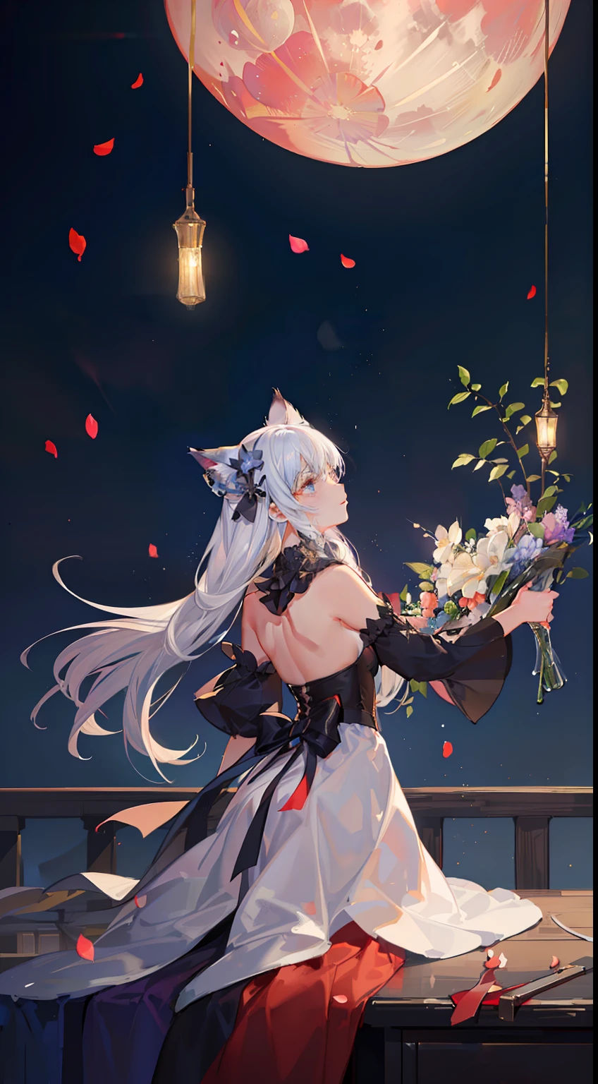 Extensive landscape photo , (looking up and down), Girl standing in flower field looking up, (Full Moon:1.2), ( Shooting Star:0.9), (Nebula:1.3), Flower field of white flowers, Shining flower field, Tree , (Warm light source:1.2), (Firefly:1. 2), Lamp, lots of orange and blue, fine details, voluminous Lighting BREAK (Masterpiece:1.2), (Top Quality), 4k, Super Dense, (Dynamic Composition:1.4), Very Fine Detail, Colorful Details, ( Iridescent:1.2), (Glowing Lighting, Atmospheric Lighting), Dreamlike, Fantastic, (Solo:1.2), Sparkling, Petals Dancing, White Hair, Beautiful hair, long hair, cat ears, back view, magical water effects, soap bubbles