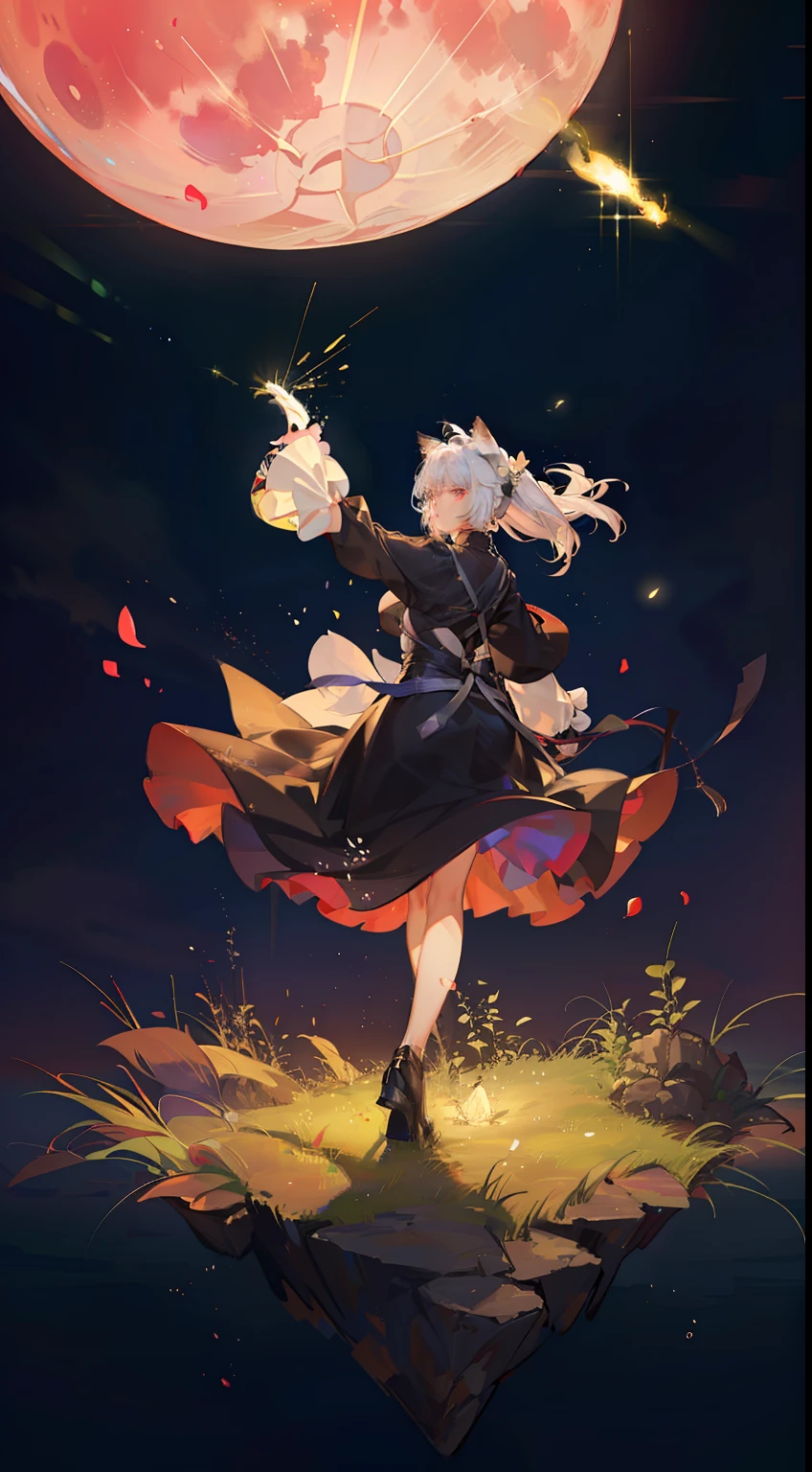 Extensive landscape photo , (looking up and down), Girl standing in flower field looking up, (Full Moon:1.2), ( Shooting Star:0.9), (Nebula:1.3), Flower field of white flowers, Shining flower field, Tree , (Warm light source:1.2), (Firefly:1. 2), Lamp, lots of orange and blue, fine details, voluminous Lighting BREAK (Masterpiece:1.2), (Top Quality), 4k, Super Dense, (Dynamic Composition:1.4), Very Fine Detail, Colorful Details, ( Iridescent:1.2), (Glowing Lighting, Atmospheric Lighting), Dreamlike, Fantastic, (Solo:1.2), Sparkling, Petals Dancing, White Hair, Beautiful hair, long hair, cat ears, back view, magical water effects, soap bubbles