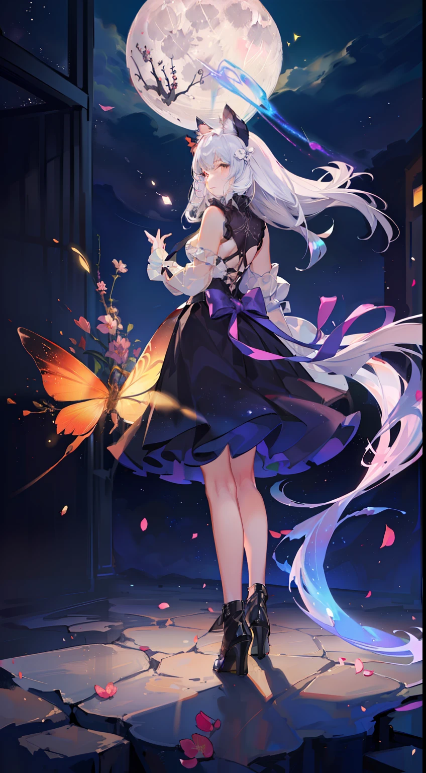 Extensive landscape photo , (looking up and down), Girl standing in flower field looking up, (Full Moon:1.2), ( Shooting Star:0.9), (Nebula:1.3), Flower field of white flowers, Shining flower field, Tree , (Warm light source:1.2), (Firefly:1. 2), Lamp, lots of orange and blue, fine details, voluminous Lighting BREAK (Masterpiece:1.2), (Top Quality), 4k, Super Dense, (Dynamic Composition:1.4), Very Fine Detail, Colorful Details, ( Iridescent:1.2), (Glowing Lighting, Atmospheric Lighting), Dreamlike, Fantastic, (Solo:1.2), Sparkling, Petals Dancing, White Hair, Beautiful hair, long hair, cat ears, back view, magical water effects, soap bubbles