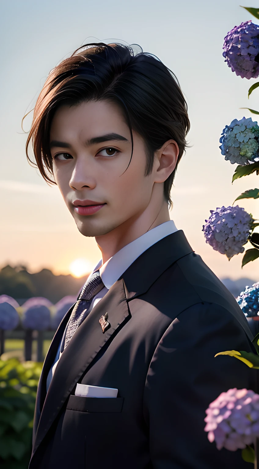 (one macho man), (American handsome muscular man in his 20's) , (short hair), (a lot of big hydrangea in the Japanese garden), mischievous smile, (small details: 1 in 1), natural muscles, higher quality, beautiful eye, (Detailed face and eyes), (face、: 1 of 2), noise, real pictures、... ...PSD, Sharp Focus, High Resolution 8k, Real & Professional Photography, 8K UHD, Soft Lighting, High Quality, Film Grain, FUJIFILM XT3