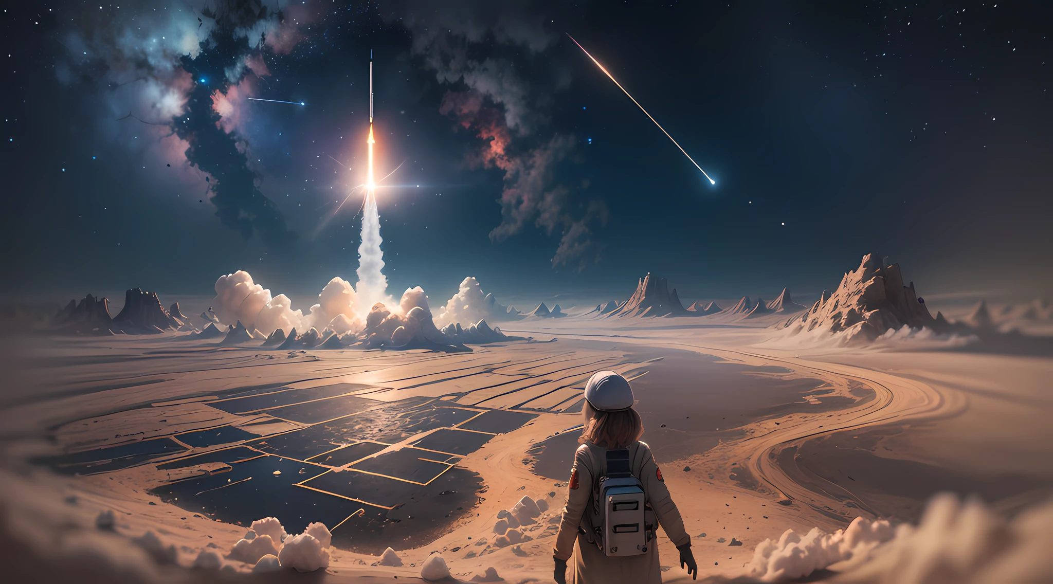 ((Masterpiece)), ((Best Quality)), 8k, HDR, cinematic lighting, (((One woman)), Beams of light from under your feet, perspective, rocket launch pad, blast, dust, craters, very dark nights, countless stars