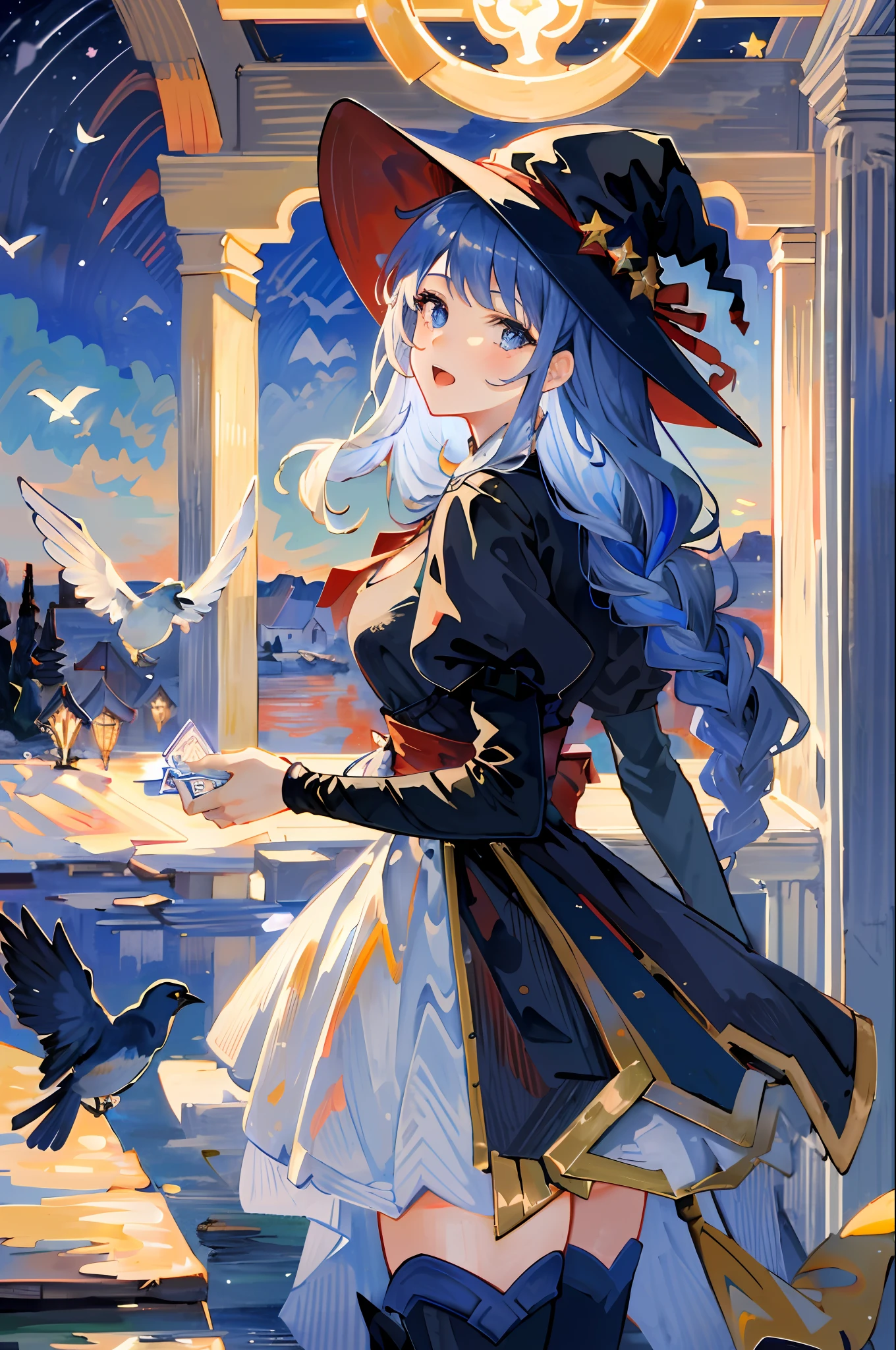 ((masterpiece:1.2, best quality)), 1girl, solo, (witch hat), rambut ungu, long hair, dress, aurora, night, star (sky), gloves, sky, white dress, night sky, open mouth, starry sky, blue eyes, ribbon, very long hair, red dress, smile, hair ribbon, cape, blue hair, (bird), magic, casting spell, dark clouds, night, (impressionism:1.4), (tarot:1.3), alphonse mucha,