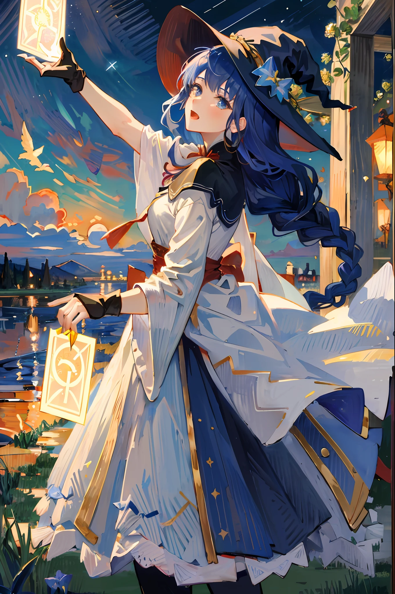 ((masterpiece:1.2, best quality)), 1girl, solo, (witch hat), rambut ungu, long hair, dress, aurora, night, star (sky), gloves, sky, white dress, night sky, open mouth, starry sky, blue eyes, ribbon, very long hair, red dress, smile, hair ribbon, cape, blue hair, (bird), magic, casting spell, dark clouds, night, (impressionism:1.4), (tarot:1.3), alphonse mucha,