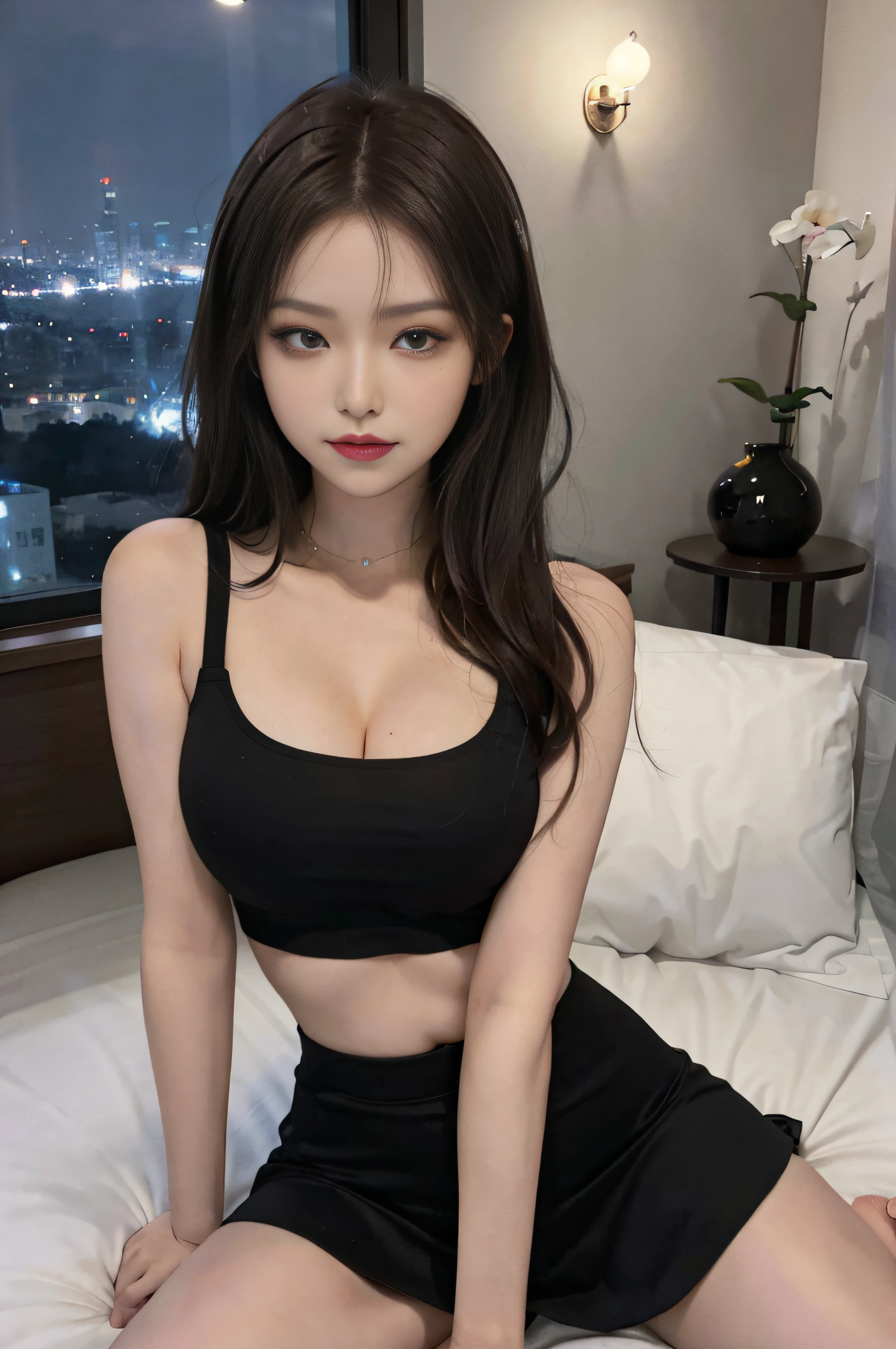 (Half eyes closed: 1.3, Eyes half closed: 1.3), 15 years old cute Korean, big round breasts, cleavage, cropped length tank top, skirt, beautiful eyes in detail, eyelashes, beautiful double eyelids, eyeshadow, hanging eyes, cut eyes, thin beautiful thighs, beautiful thin legs, perfect eye makeup, ((seductive smile, squeaky look, evil look)), high-rise hotel, Night view from the window, kneeling on a big bed, brown hair,