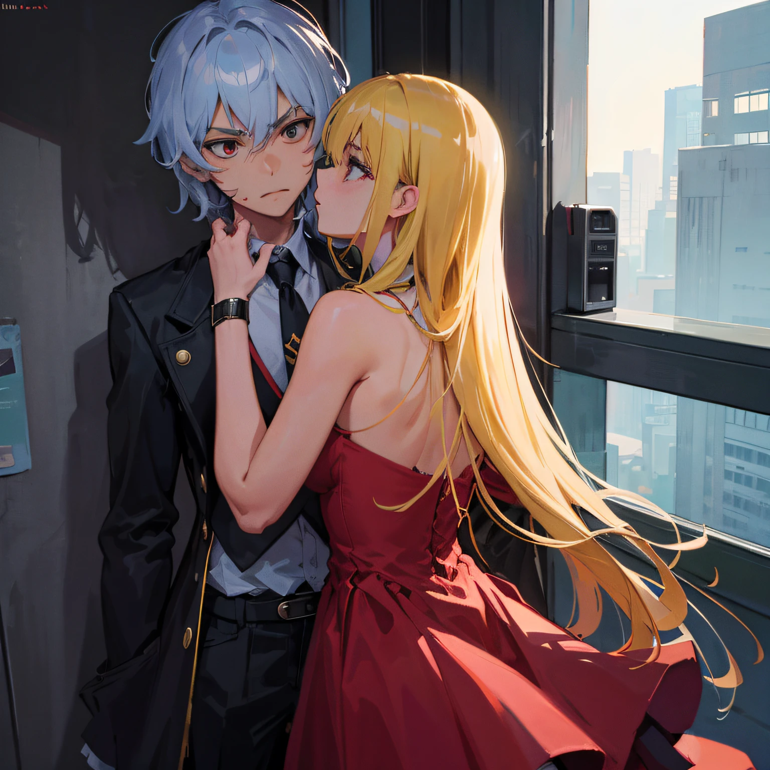 anime couple in red dress kissing in front of window with city view, kissing together cutely, rimuru and milim, anime style 4 k, zerochan art, high quality fanart, trending on artstation pixiv, sakimichan and frank franzzeta, detailed key anime art, at pixiv, top rated on pixiv