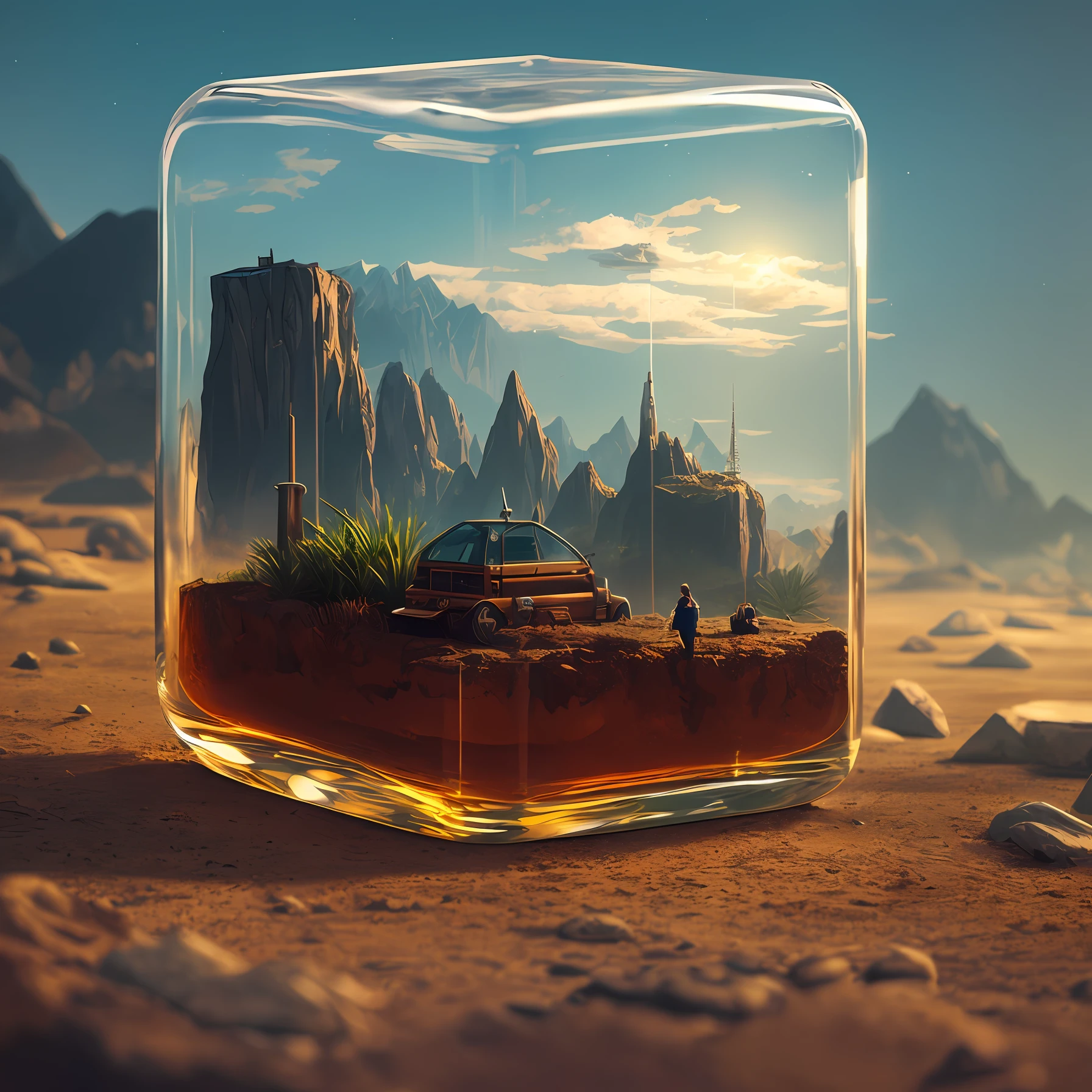 cinematic universe inside of a glass cube, sharp focus, concept art, very detailed, very realistic, trending on artstation, in the style of ALBERT BIERSTADT