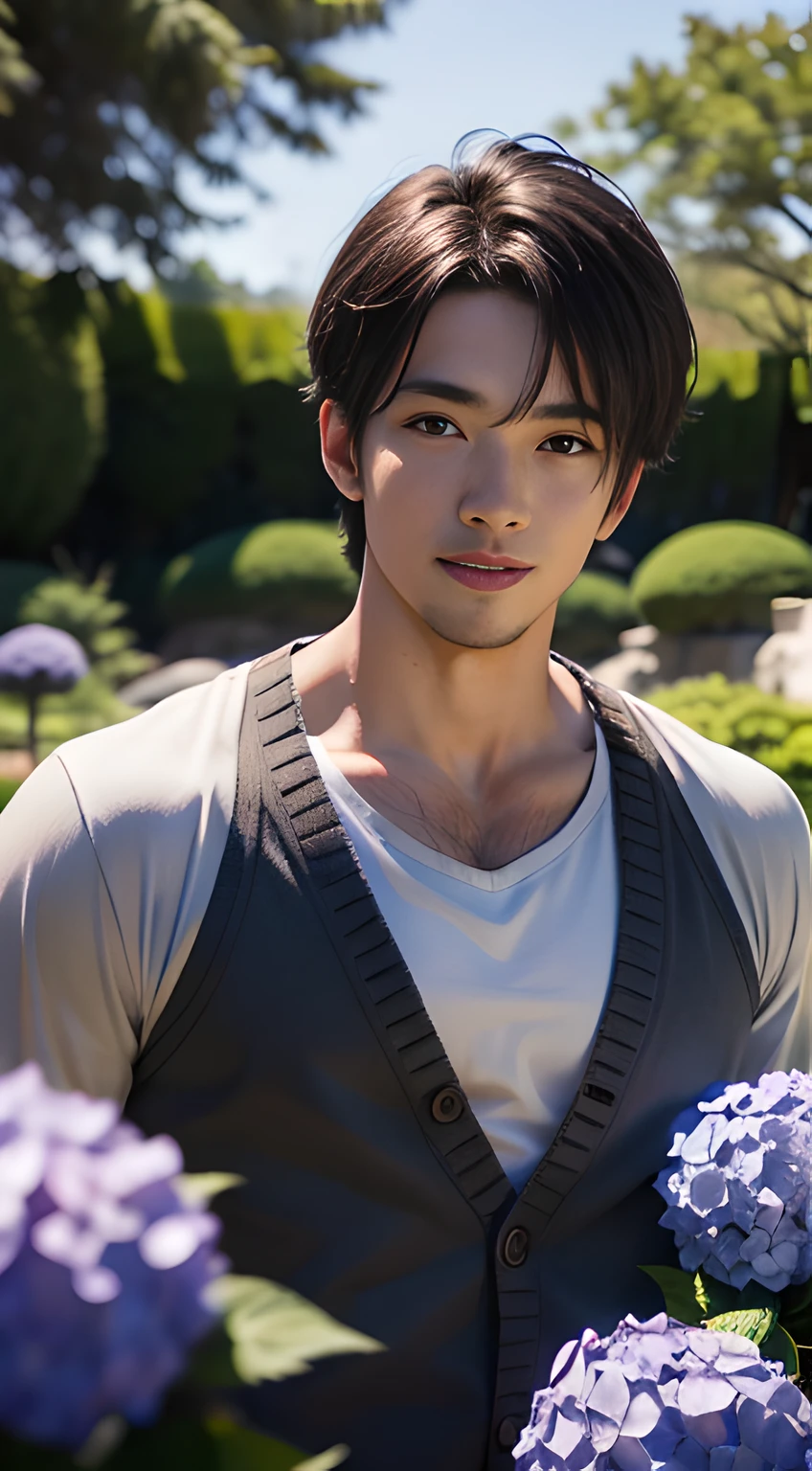 (one macho man), (American handsome muscular man in his 20's) , (short hair), (a lot of big hydrangea in the Japanese garden), mischievous smile, (small details: 1 in 1), natural muscles, higher quality, beautiful eye, (Detailed face and eyes), (face、: 1 of 2), noise, real pictures、... ...PSD, Sharp Focus, High Resolution 8k, Real & Professional Photography, 8K UHD, Soft Lighting, High Quality, Film Grain, FUJIFILM XT3